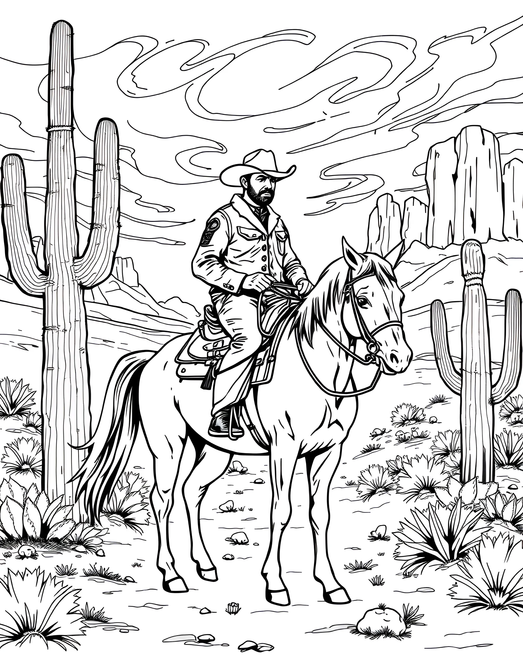 Western Cowboy and Horse Coloring Page -- prompt: "A cowboy riding a horse in a Western desert landscape with cacti and rock formations." -- Saddle up for adventure with this classic Western-themed coloring page. A cowboy sits atop his trusty steed, hat tipped and lasso at the ready. The desert landscape, complete with cacti and rocky outcroppings, sets the scene for this iconic image of the American West.