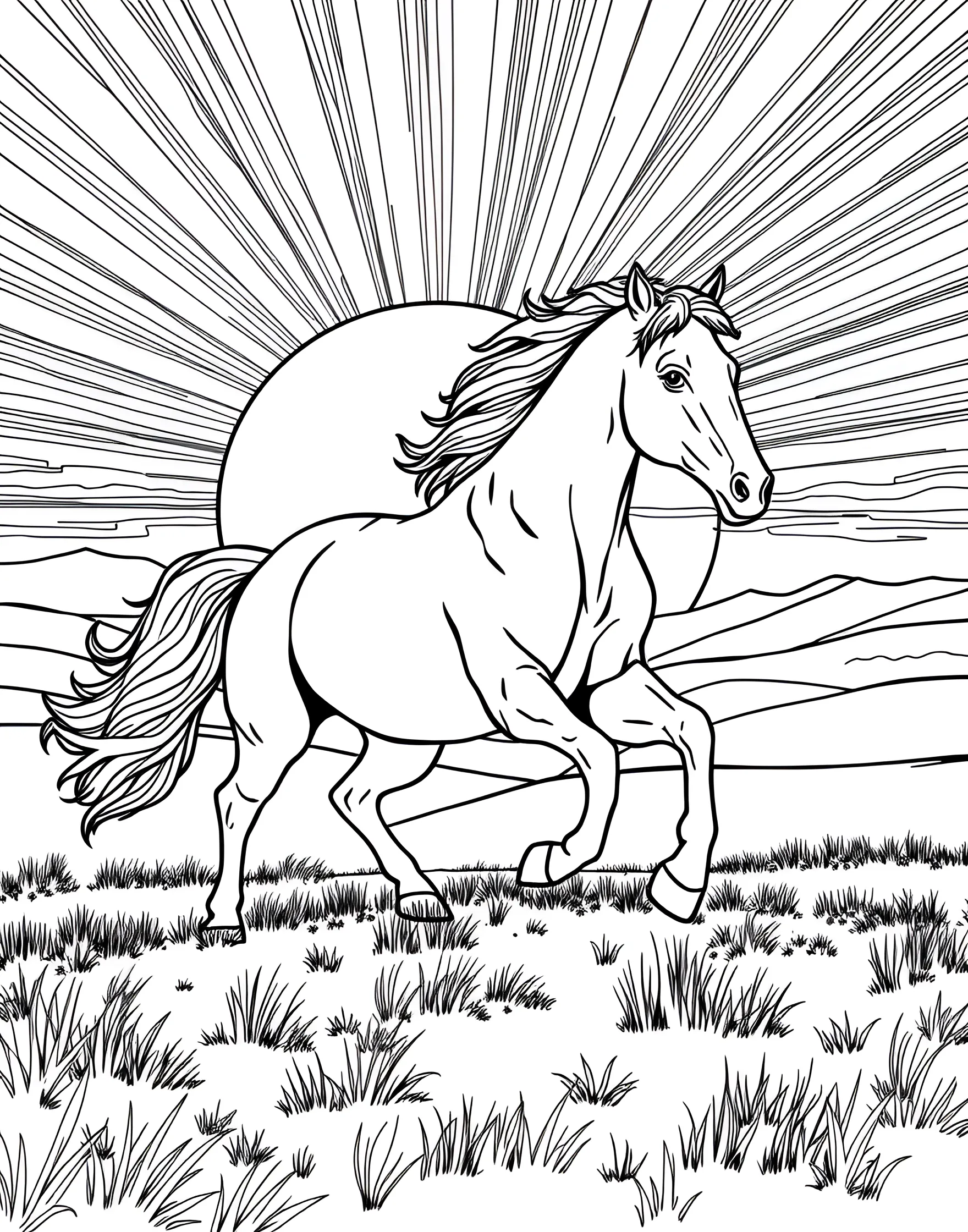 Galloping Horse Silhouette Coloring Page -- prompt: "A silhouette of a horse galloping against a dramatic sunset sky with rolling hills." -- This unique coloring page features a bold silhouette of a horse in full gallop. The simplicity of the outline allows for creative coloring techniques, such as gradients or patterns within the horse's form. A sunset sky provides a colorful backdrop, offering a chance to experiment with vibrant hues.