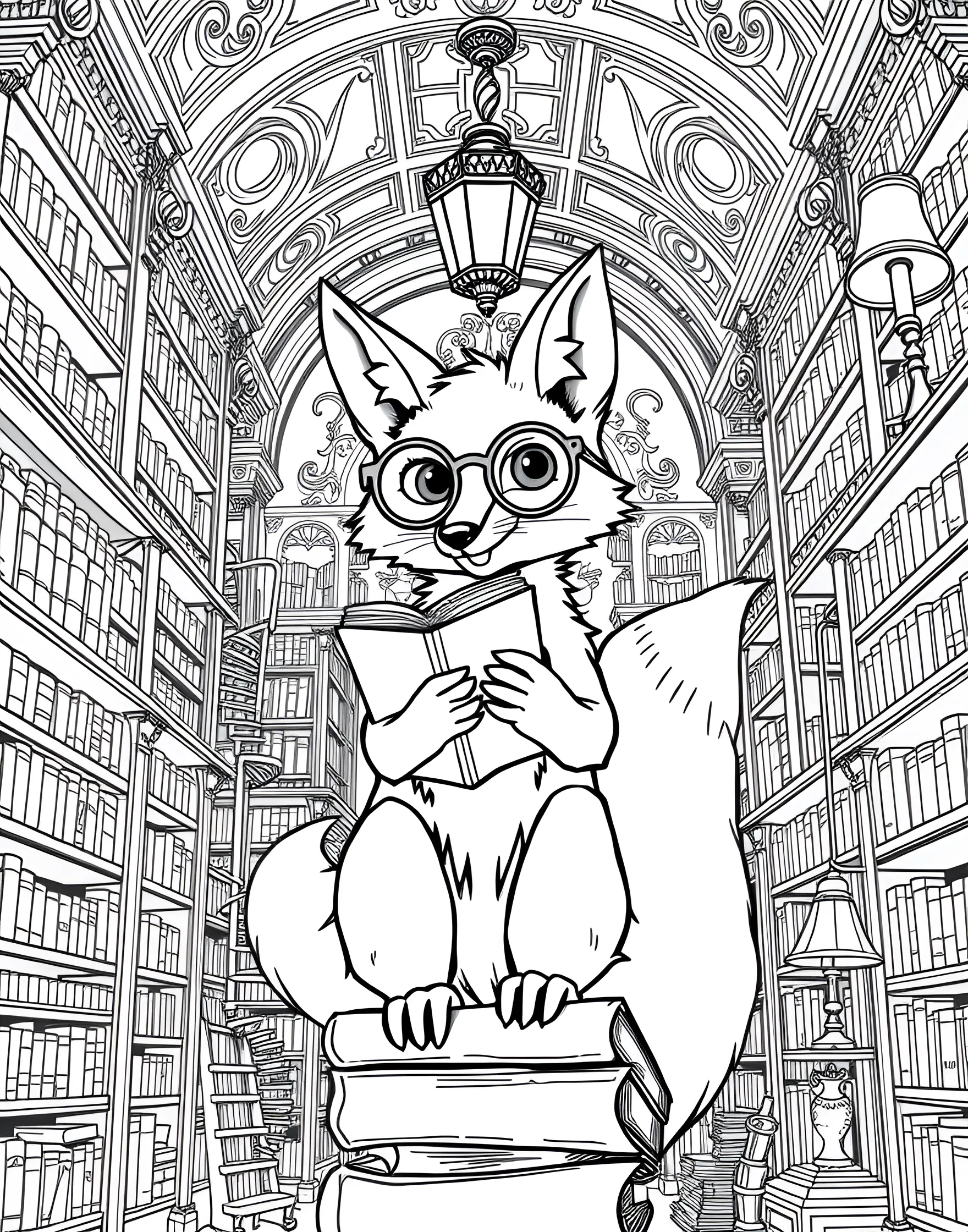 Fox Librarian in a Cozy Library Coloring Page -- prompt: "A fox wearing glasses and holding books, standing in a library filled with bookshelves." -- Celebrate the love of books with this charming coloring page of a fox librarian. The fox is shown surrounded by towering bookshelves, wearing glasses and holding a stack of books. This page is perfect for book lovers and those who enjoy creating a warm, inviting atmosphere with their color choices.