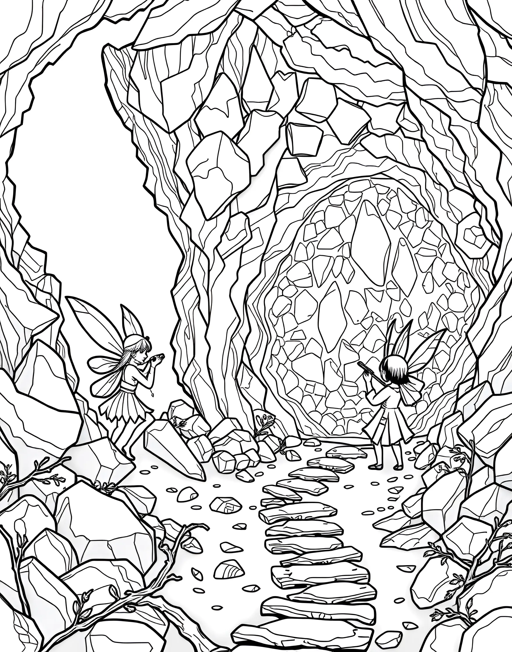 Fairy Mining for Crystals in a Geode Coloring Page -- prompt: "Fairy miners extracting crystals from inside a large geode, with twig minecart tracks and fairy geologists examining the gems." -- Delve into the sparkling world of fairy gem mining with this fascinating coloring page. Fairy miners work inside a massive geode, using tiny pickaxes to carefully extract glittering crystals. Minecart tracks made from twigs transport the precious gems, while fairy geologists examine the finds, creating a scene that combines fantasy with earth science.