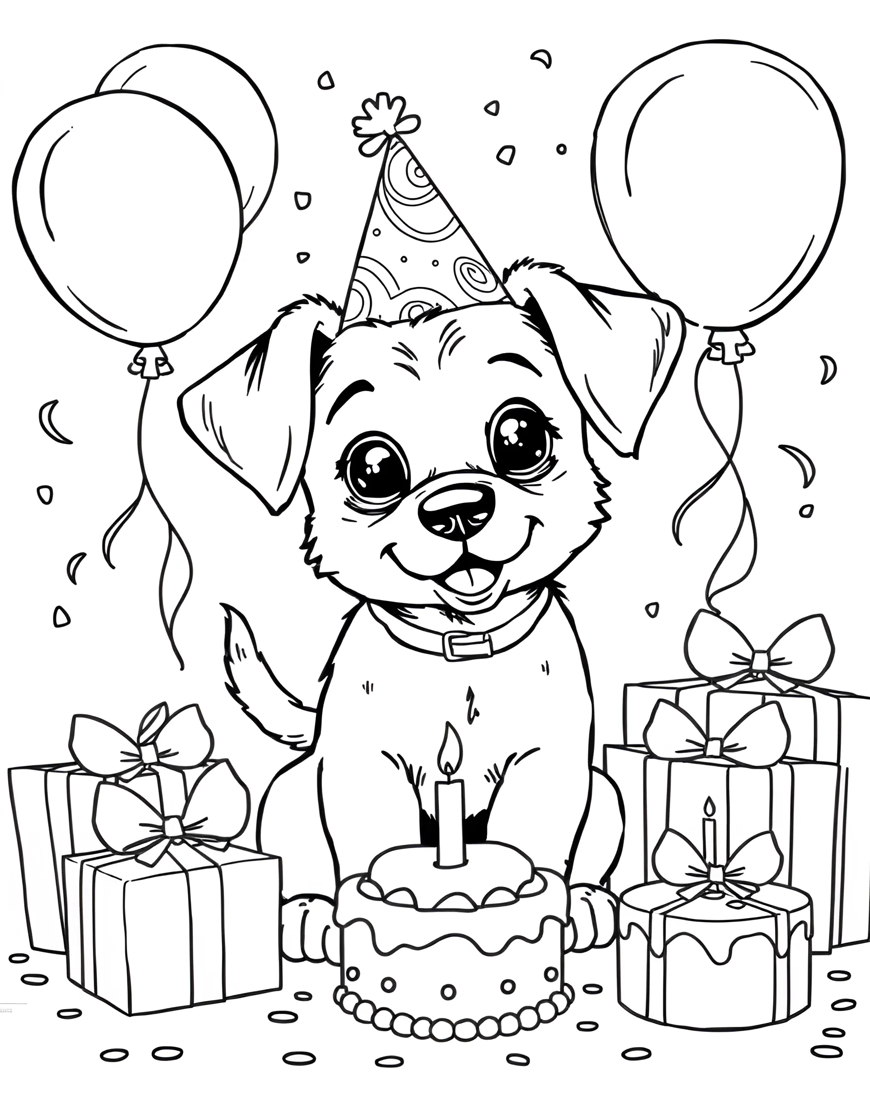 Puppy's Birthday Party Coloring Page -- prompt: "A happy puppy wearing a party hat, surrounded by balloons, presents, and a small cake with a bone-shaped candle." -- This festive coloring page features a jubilant puppy celebrating its birthday. The pup wears a party hat and is surrounded by balloons, presents, and a dog-friendly cake. It's a joyous scene that's perfect for adding bright, celebratory colors.