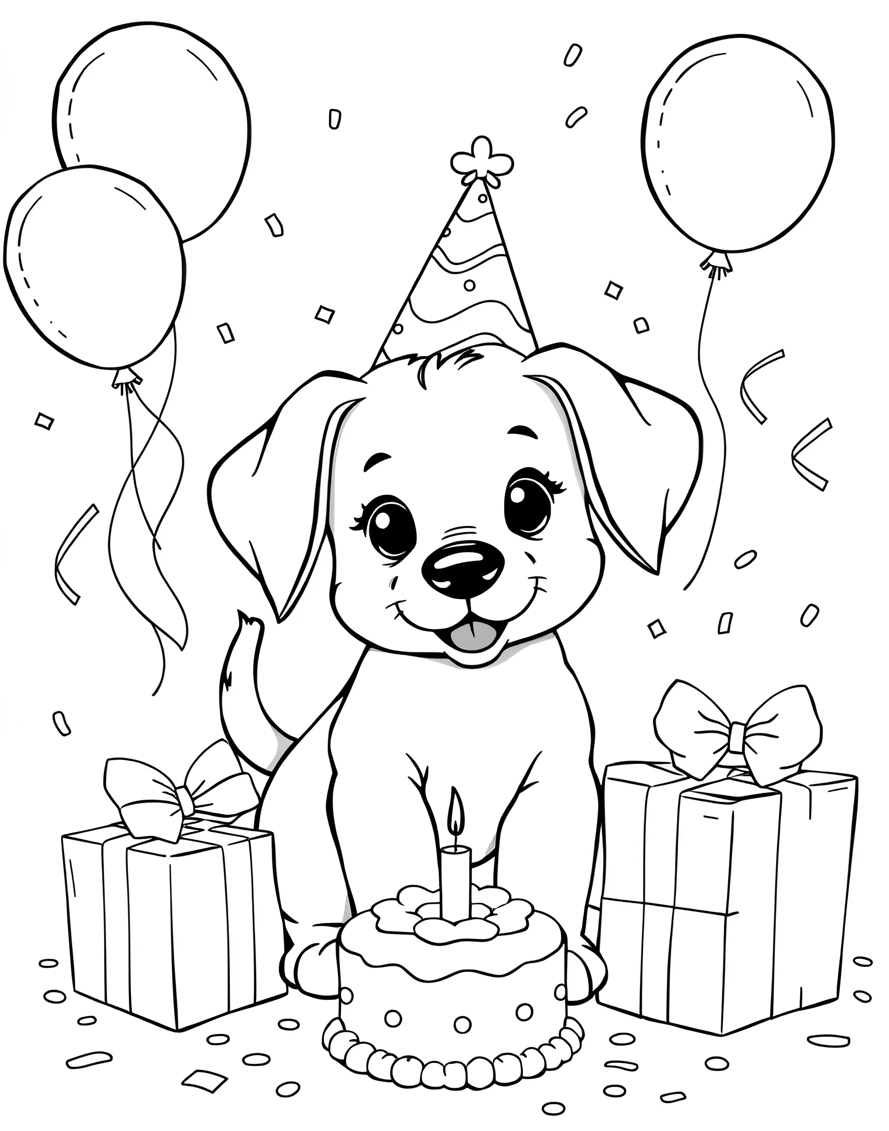 Puppy's Birthday Party Coloring Page -- prompt: "A happy puppy wearing a party hat, surrounded by balloons, presents, and a small cake with a bone-shaped candle." -- This festive coloring page features a jubilant puppy celebrating its birthday. The pup wears a party hat and is surrounded by balloons, presents, and a dog-friendly cake. It's a joyous scene that's perfect for adding bright, celebratory colors.