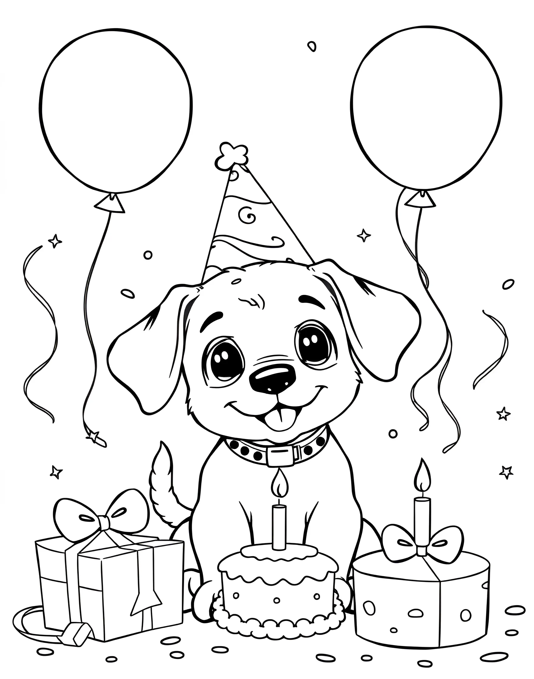 Puppy's Birthday Party Coloring Page -- prompt: "A happy puppy wearing a party hat, surrounded by balloons, presents, and a small cake with a bone-shaped candle." -- This festive coloring page features a jubilant puppy celebrating its birthday. The pup wears a party hat and is surrounded by balloons, presents, and a dog-friendly cake. It's a joyous scene that's perfect for adding bright, celebratory colors.