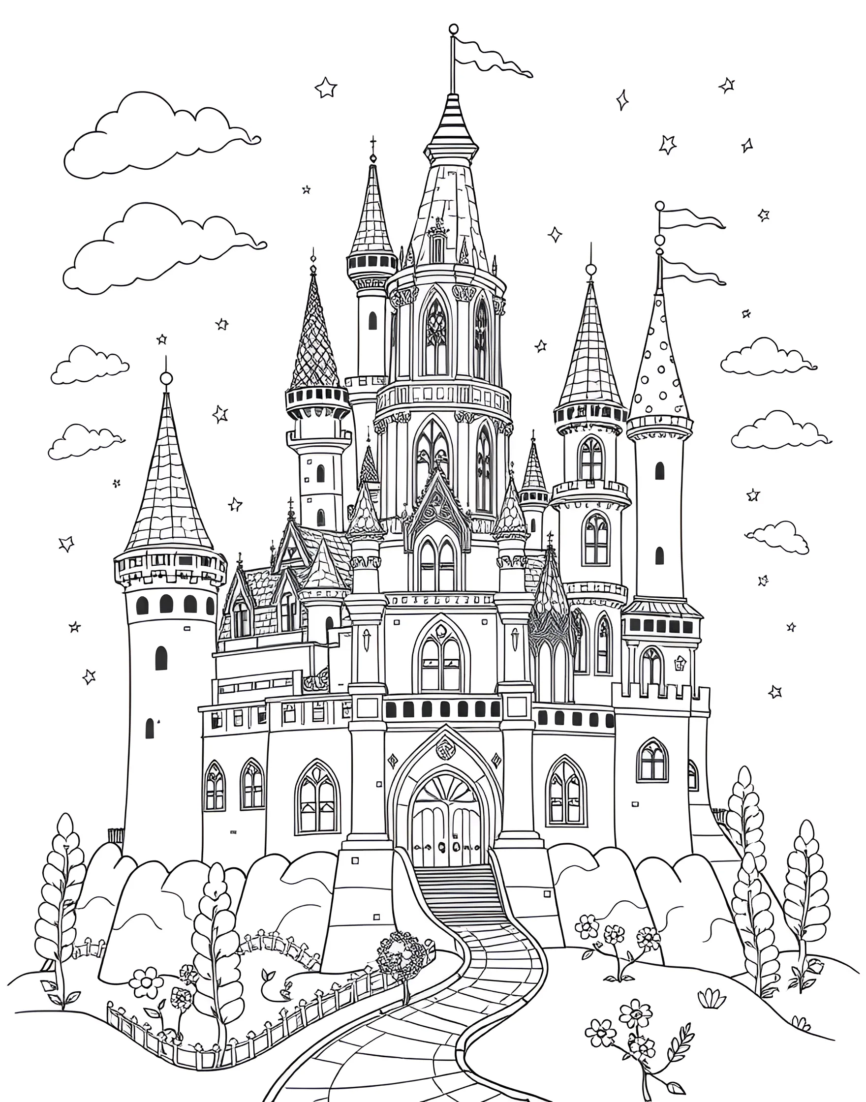 Rainbow Fairy Tale Castle Coloring Page -- prompt: "A whimsical fairy tale castle with various towers and turrets, each section a different rainbow color." -- Step into a world of fantasy with this rainbow fairy tale castle design. The towers, flags, and architectural details provide plenty of areas to color. It's perfect for those who love magical settings and architectural coloring pages.