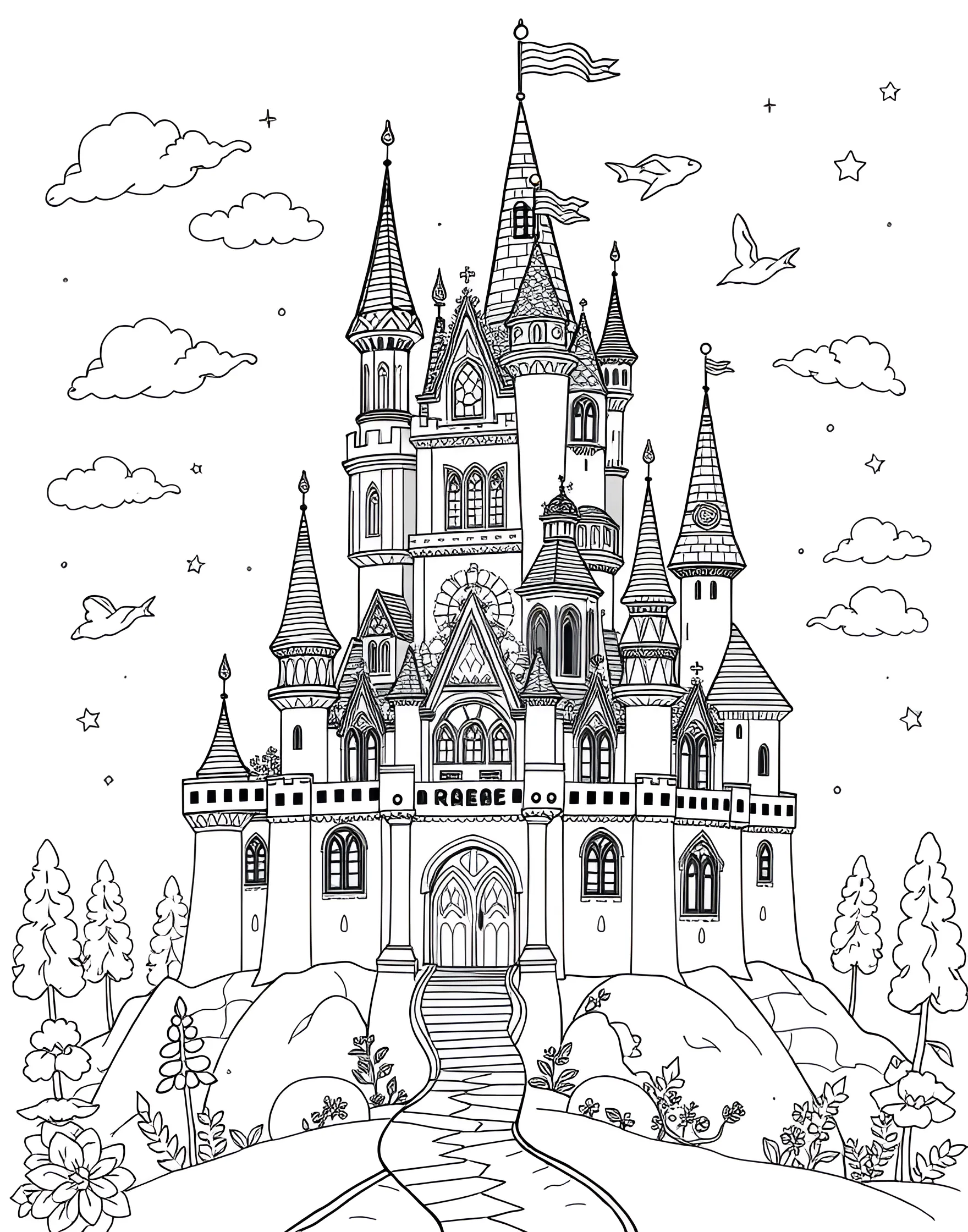 Rainbow Fairy Tale Castle Coloring Page -- prompt: "A whimsical fairy tale castle with various towers and turrets, each section a different rainbow color." -- Step into a world of fantasy with this rainbow fairy tale castle design. The towers, flags, and architectural details provide plenty of areas to color. It's perfect for those who love magical settings and architectural coloring pages.