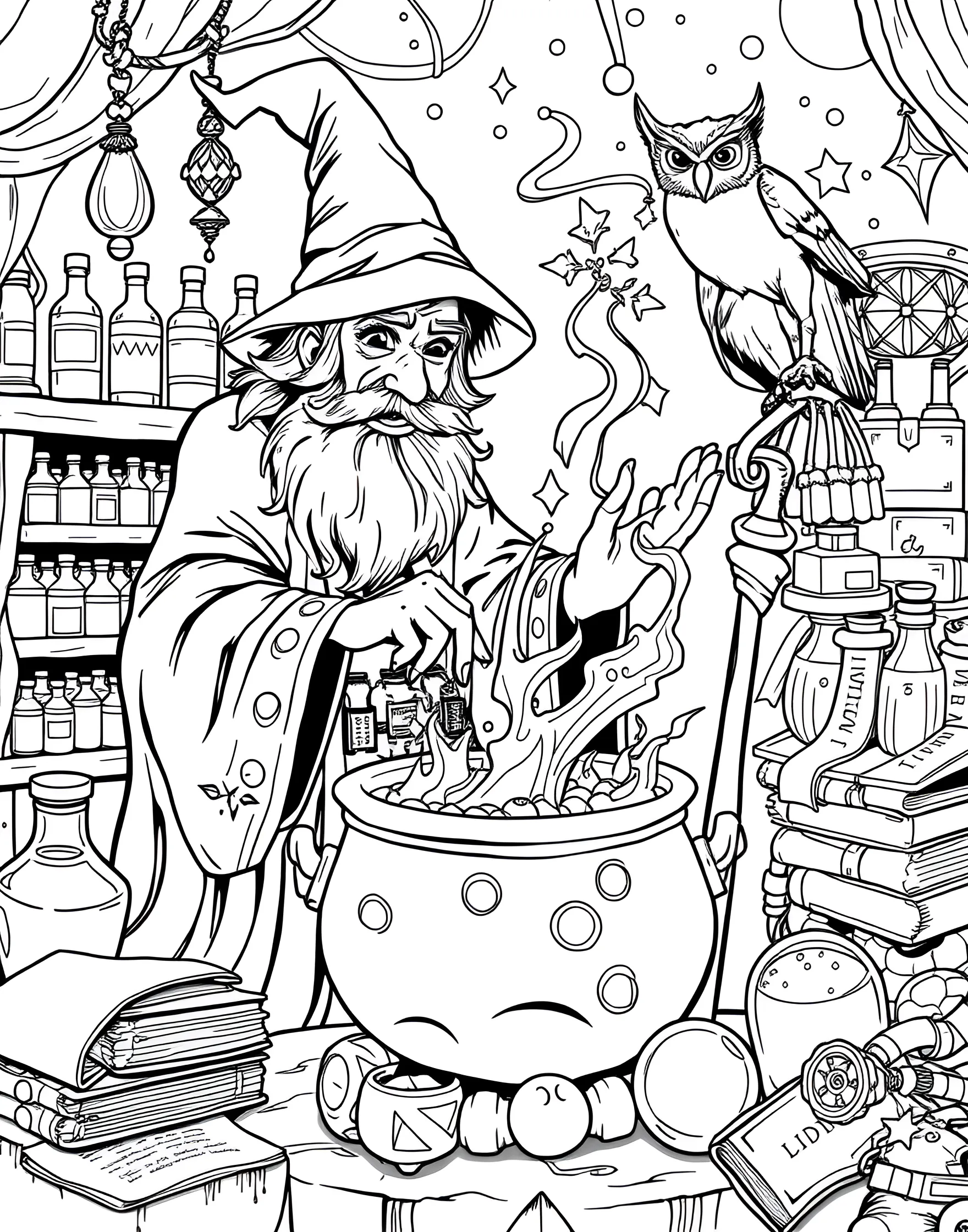 Magical Wizard's Workshop Coloring Page -- prompt: "A wizard brewing a potion in a workshop filled with magical items and a pet owl." -- Step into a world of wonder with this magical wizard's workshop coloring page. A wise wizard concocts mystical potions surrounded by spell books, magical artifacts, and a mischievous familiar. Boys can let their imagination soar as they bring this enchanted scene to life with color.