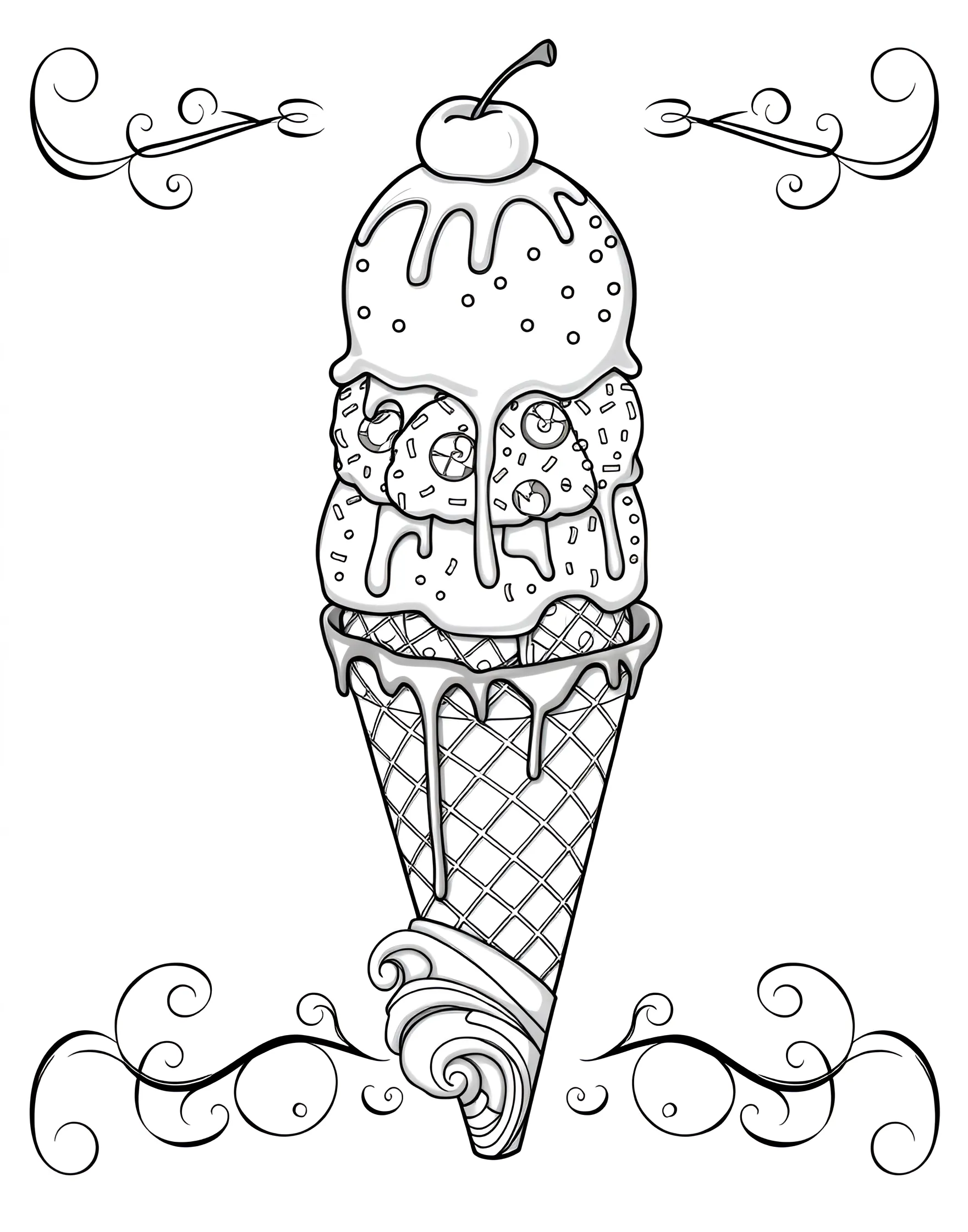 Triple Scoop Cone Delight Coloring Page -- prompt: "A towering triple scoop ice cream cone with different flavors and toppings, balanced precariously." -- Indulge your senses with this mouthwatering triple scoop ice cream cone coloring page. Each scoop is a different flavor, piled high on a crispy waffle cone, waiting to be brought to life with your favorite colors. This page is perfect for practicing shading techniques and exploring color combinations that make the ice cream look irresistibly delicious.