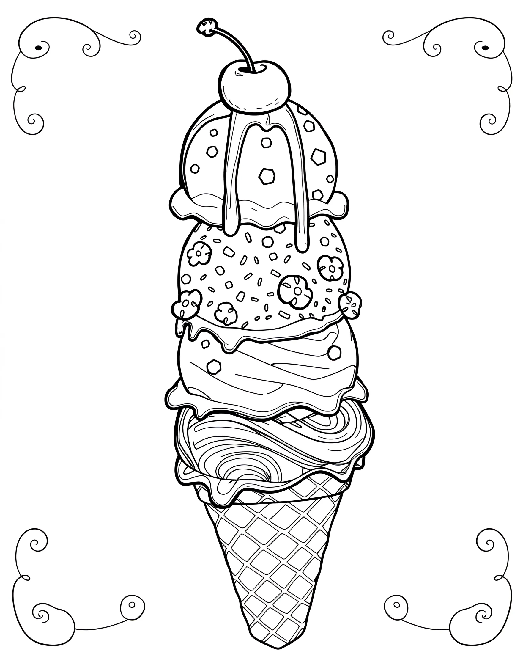 Triple Scoop Cone Delight Coloring Page -- prompt: "A towering triple scoop ice cream cone with different flavors and toppings, balanced precariously." -- Indulge your senses with this mouthwatering triple scoop ice cream cone coloring page. Each scoop is a different flavor, piled high on a crispy waffle cone, waiting to be brought to life with your favorite colors. This page is perfect for practicing shading techniques and exploring color combinations that make the ice cream look irresistibly delicious.