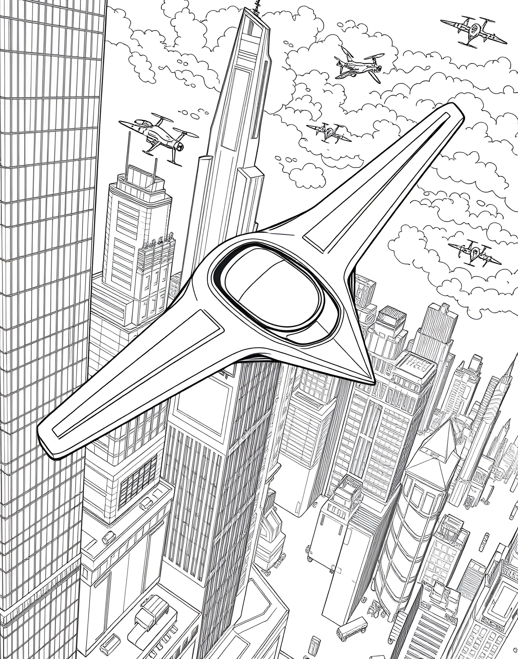 Flying Car of the Future Coloring Page -- prompt: "A flying car soaring above a futuristic city skyline with other air vehicles visible." -- Soar into the future with this imaginative coloring page depicting a flying car. The innovative vehicle is shown gliding through the air above a futuristic cityscape, complete with sleek buildings and air traffic. It's a perfect choice for young dreamers and those fascinated by the possibilities of future transportation.