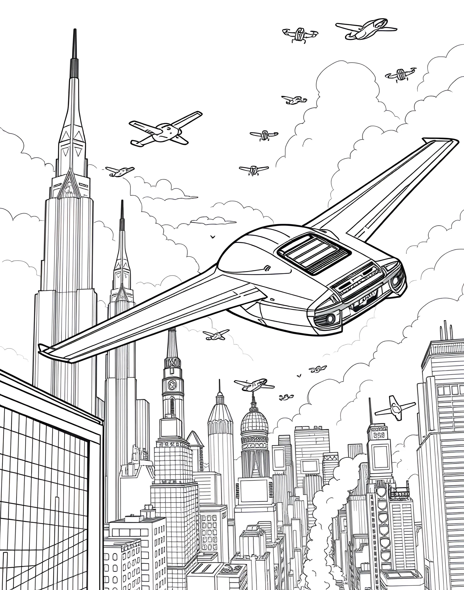 Flying Car of the Future Coloring Page -- prompt: "A flying car soaring above a futuristic city skyline with other air vehicles visible." -- Soar into the future with this imaginative coloring page depicting a flying car. The innovative vehicle is shown gliding through the air above a futuristic cityscape, complete with sleek buildings and air traffic. It's a perfect choice for young dreamers and those fascinated by the possibilities of future transportation.