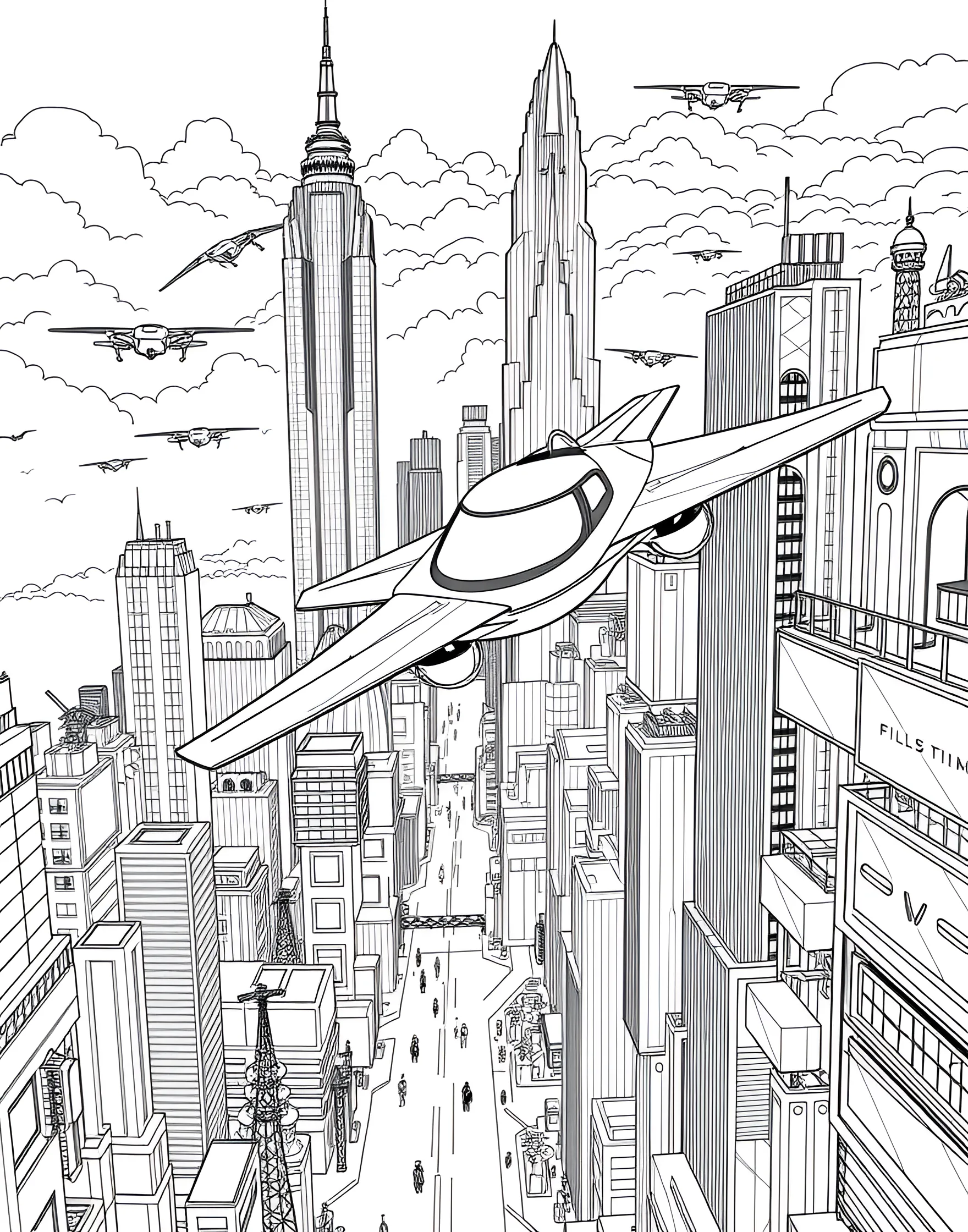 Flying Car of the Future Coloring Page -- prompt: "A flying car soaring above a futuristic city skyline with other air vehicles visible." -- Soar into the future with this imaginative coloring page depicting a flying car. The innovative vehicle is shown gliding through the air above a futuristic cityscape, complete with sleek buildings and air traffic. It's a perfect choice for young dreamers and those fascinated by the possibilities of future transportation.