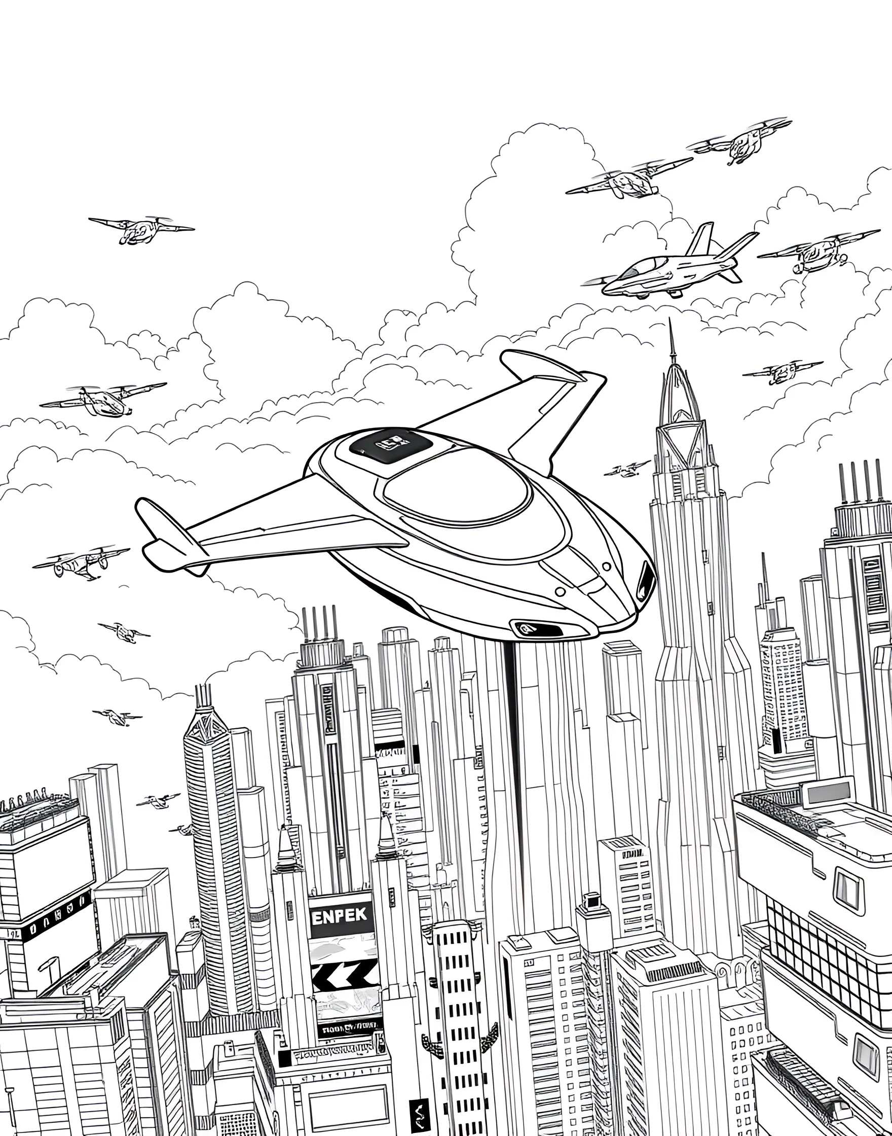 Flying Car of the Future Coloring Page -- prompt: "A flying car soaring above a futuristic city skyline with other air vehicles visible." -- Soar into the future with this imaginative coloring page depicting a flying car. The innovative vehicle is shown gliding through the air above a futuristic cityscape, complete with sleek buildings and air traffic. It's a perfect choice for young dreamers and those fascinated by the possibilities of future transportation.