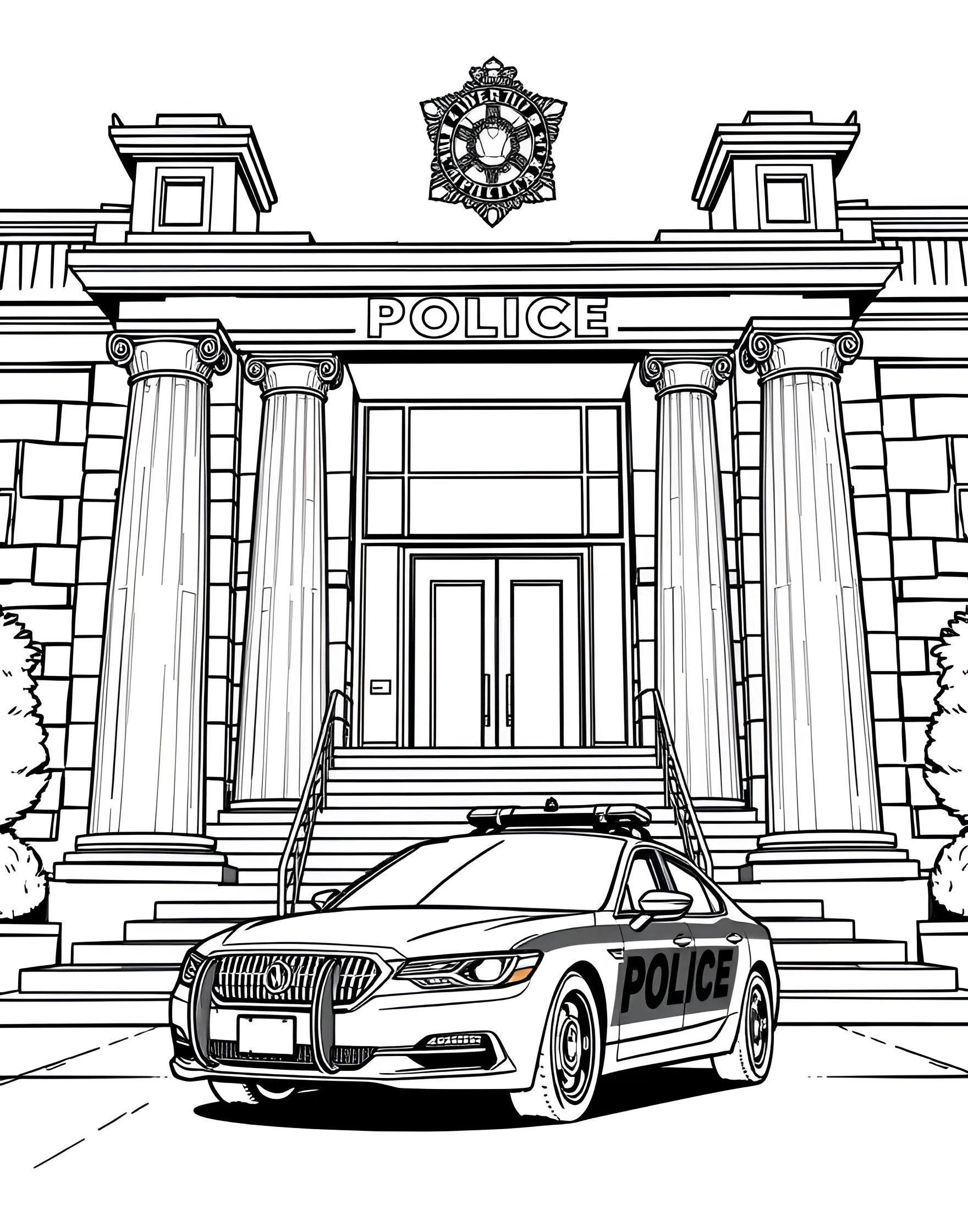 Police Car at the Station Coloring Page -- prompt: "A police car parked in front of a police station with steps and a police badge emblem." -- Here we have a police car parked in front of the local police station. The station's facade is visible, complete with steps and the iconic police badge emblem. This page offers a great opportunity to color both the vehicle and the important building where officers work.