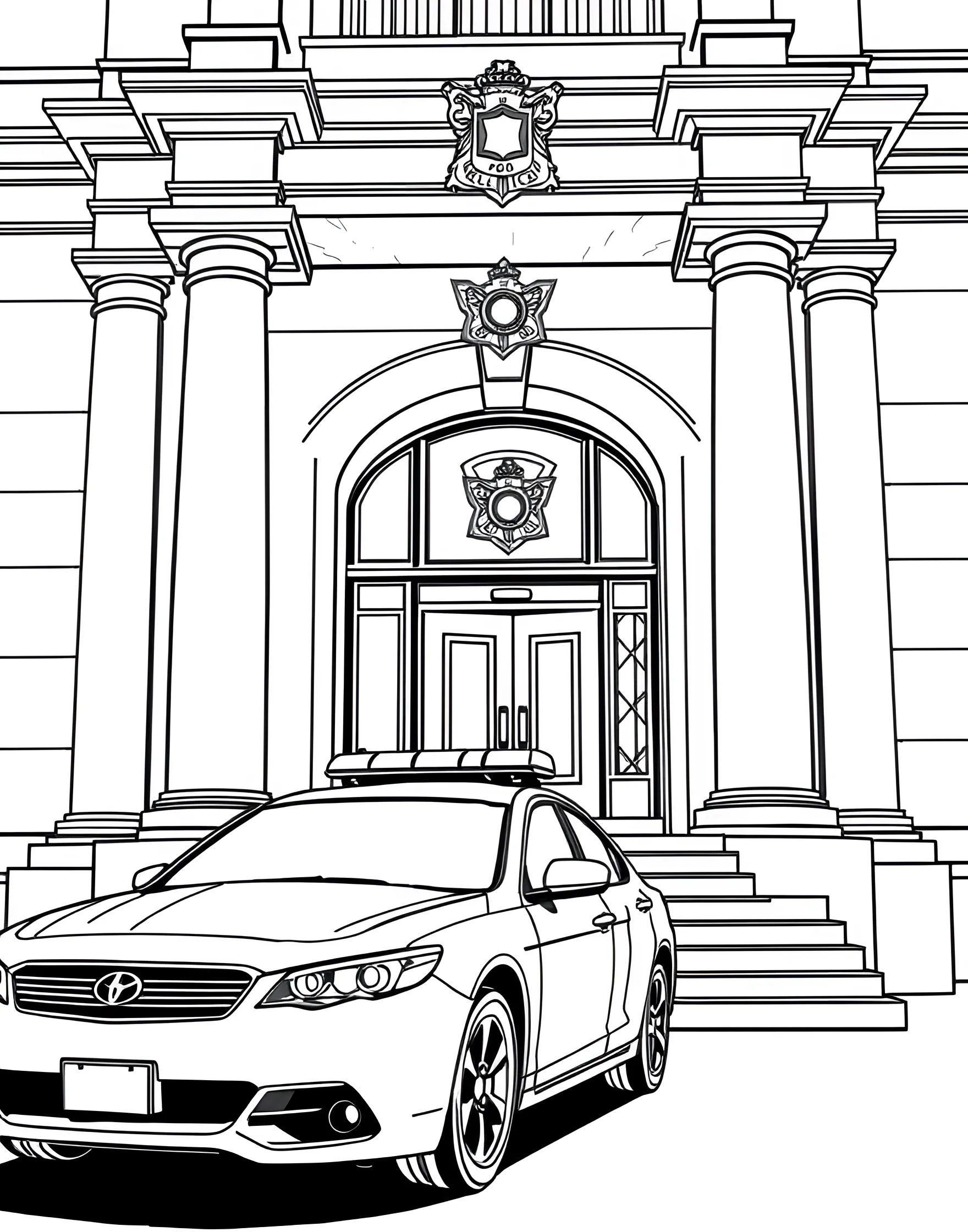 Police Car at the Station Coloring Page -- prompt: "A police car parked in front of a police station with steps and a police badge emblem." -- Here we have a police car parked in front of the local police station. The station's facade is visible, complete with steps and the iconic police badge emblem. This page offers a great opportunity to color both the vehicle and the important building where officers work.