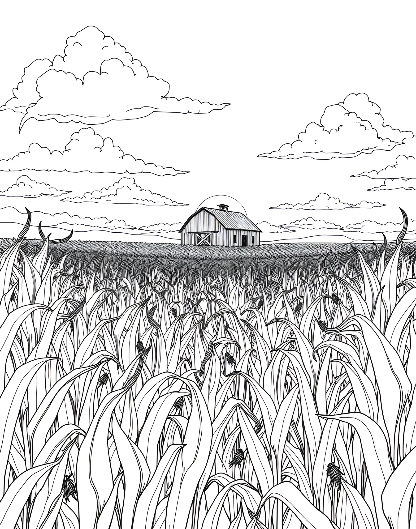 Summer Farmers' Cornfield Coloring Page -- prompt: "A vast cornfield with a barn in the distance on a sunny summer day." -- Experience the beauty of rural summer with this scenic cornfield. Tall stalks of corn stretch as far as the eye can see, with a rustic barn in the distance. This page offers a peaceful glimpse into summer's agricultural bounty.