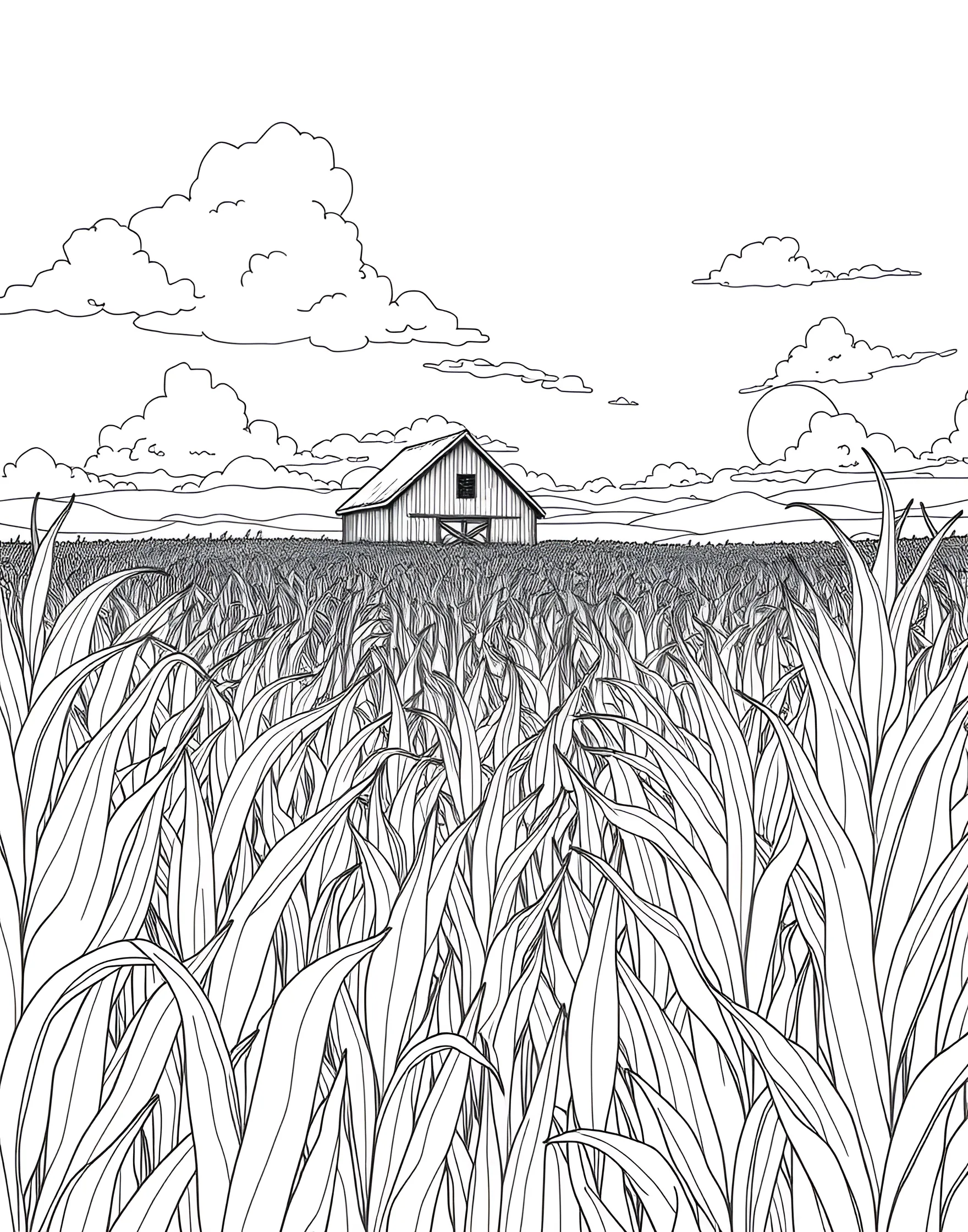 Summer Farmers' Cornfield Coloring Page -- prompt: "A vast cornfield with a barn in the distance on a sunny summer day." -- Experience the beauty of rural summer with this scenic cornfield. Tall stalks of corn stretch as far as the eye can see, with a rustic barn in the distance. This page offers a peaceful glimpse into summer's agricultural bounty.