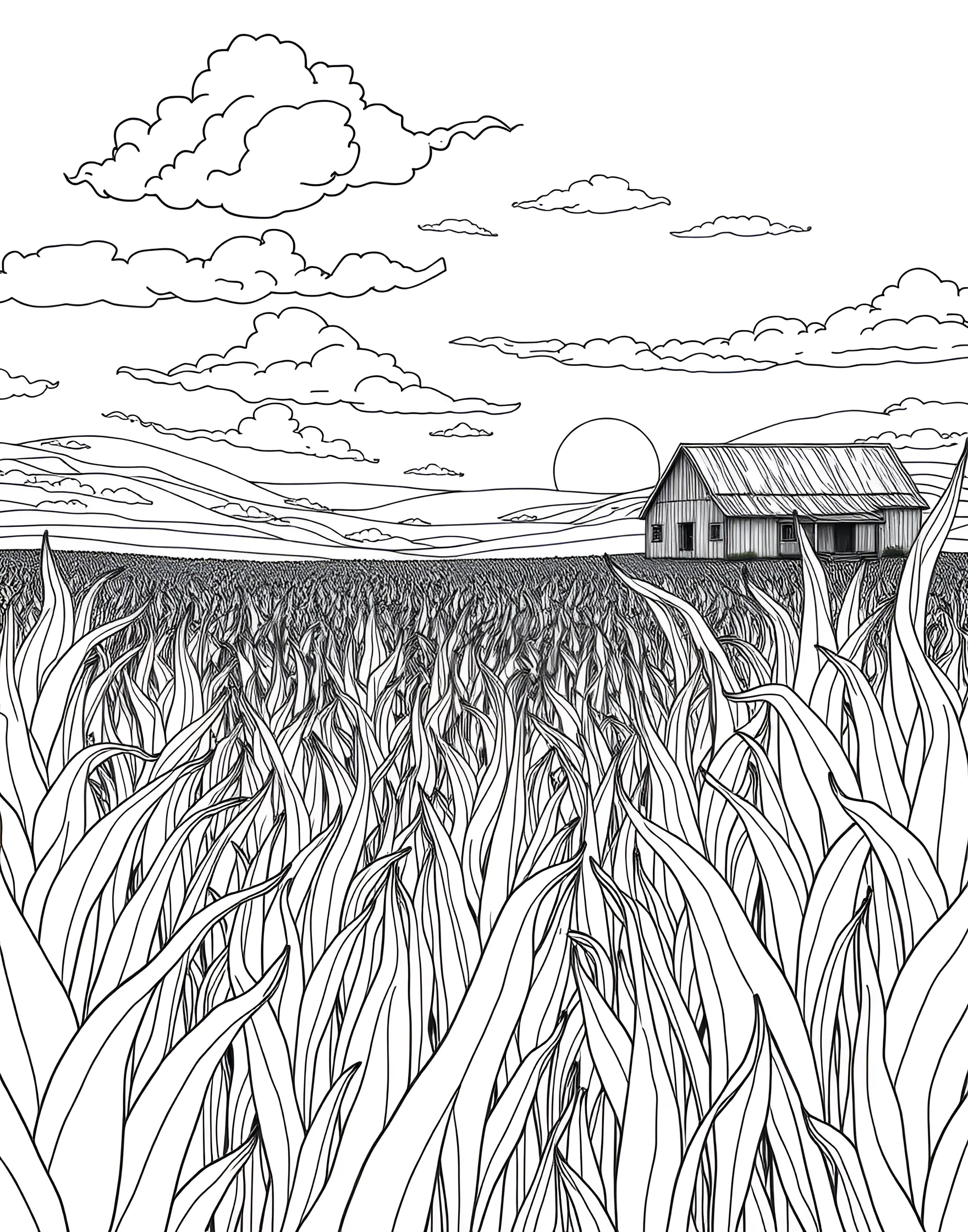 Summer Farmers' Cornfield Coloring Page -- prompt: "A vast cornfield with a barn in the distance on a sunny summer day." -- Experience the beauty of rural summer with this scenic cornfield. Tall stalks of corn stretch as far as the eye can see, with a rustic barn in the distance. This page offers a peaceful glimpse into summer's agricultural bounty.