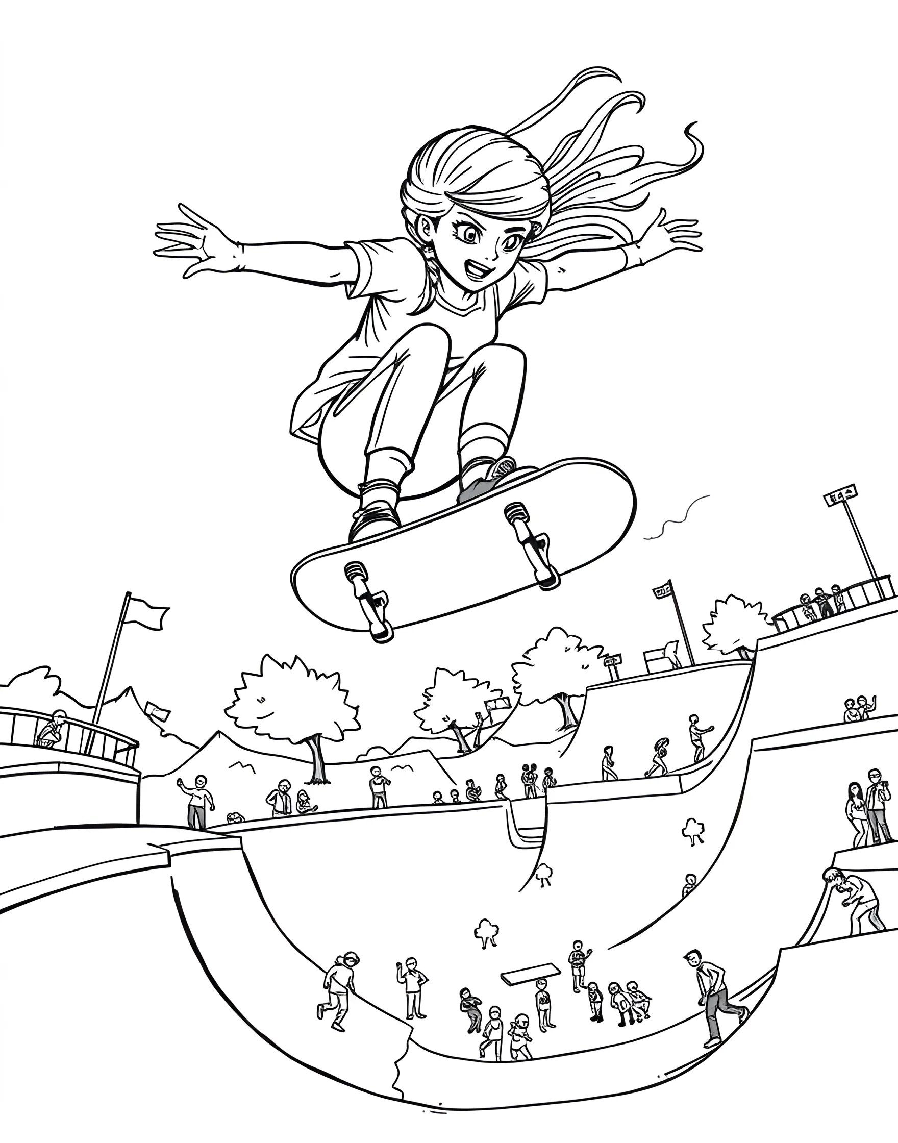 Skateboarder Girl in Action Coloring Page -- prompt: "A girl performing a skateboard trick in a skate park with ramps and obstacles." -- Capture the thrill of skateboarding with this dynamic coloring page. A girl skateboarder is shown mid-trick, soaring through the air on her board. Her confident pose and cool outfit offer great coloring opportunities, while the skate park background adds depth and excitement to the scene.