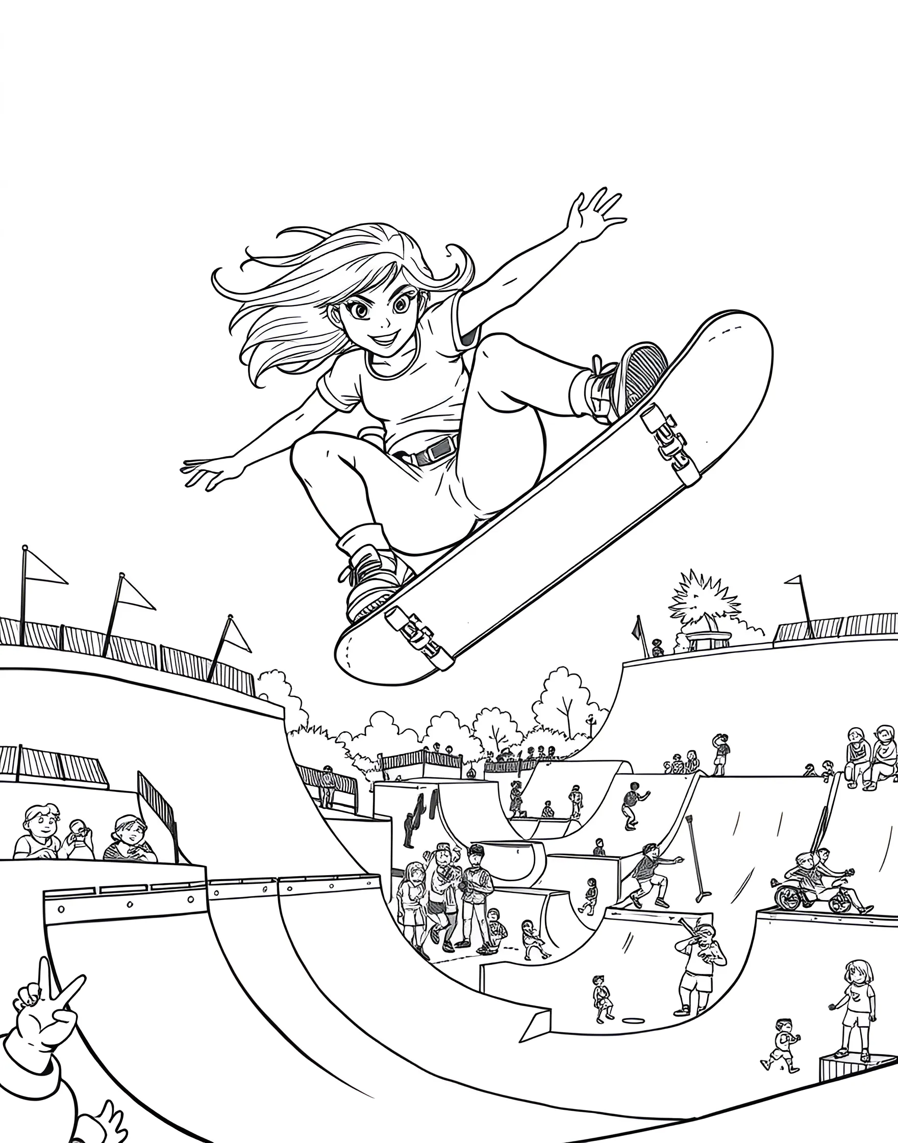 Skateboarder Girl in Action Coloring Page -- prompt: "A girl performing a skateboard trick in a skate park with ramps and obstacles." -- Capture the thrill of skateboarding with this dynamic coloring page. A girl skateboarder is shown mid-trick, soaring through the air on her board. Her confident pose and cool outfit offer great coloring opportunities, while the skate park background adds depth and excitement to the scene.