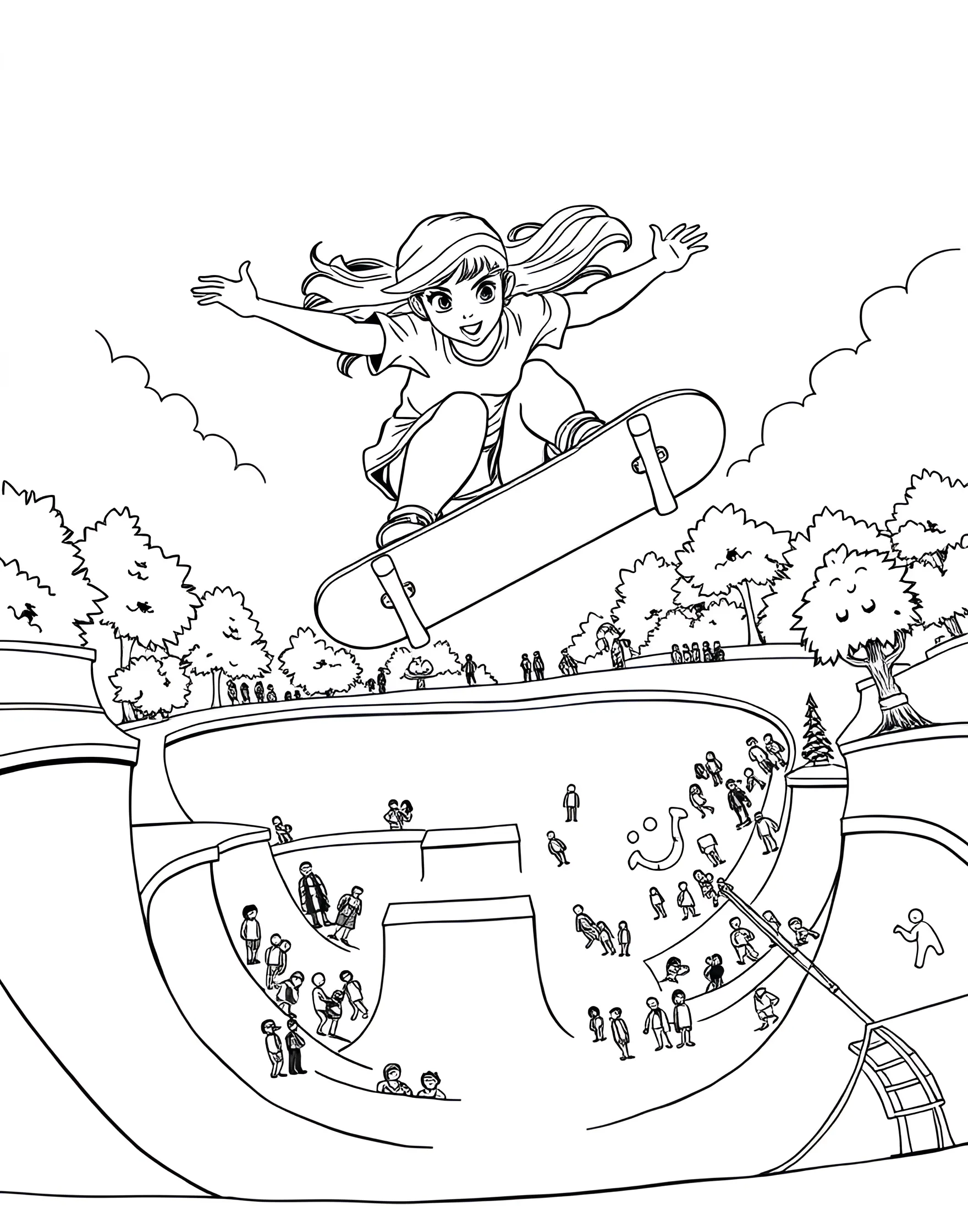 Skateboarder Girl in Action Coloring Page -- prompt: "A girl performing a skateboard trick in a skate park with ramps and obstacles." -- Capture the thrill of skateboarding with this dynamic coloring page. A girl skateboarder is shown mid-trick, soaring through the air on her board. Her confident pose and cool outfit offer great coloring opportunities, while the skate park background adds depth and excitement to the scene.