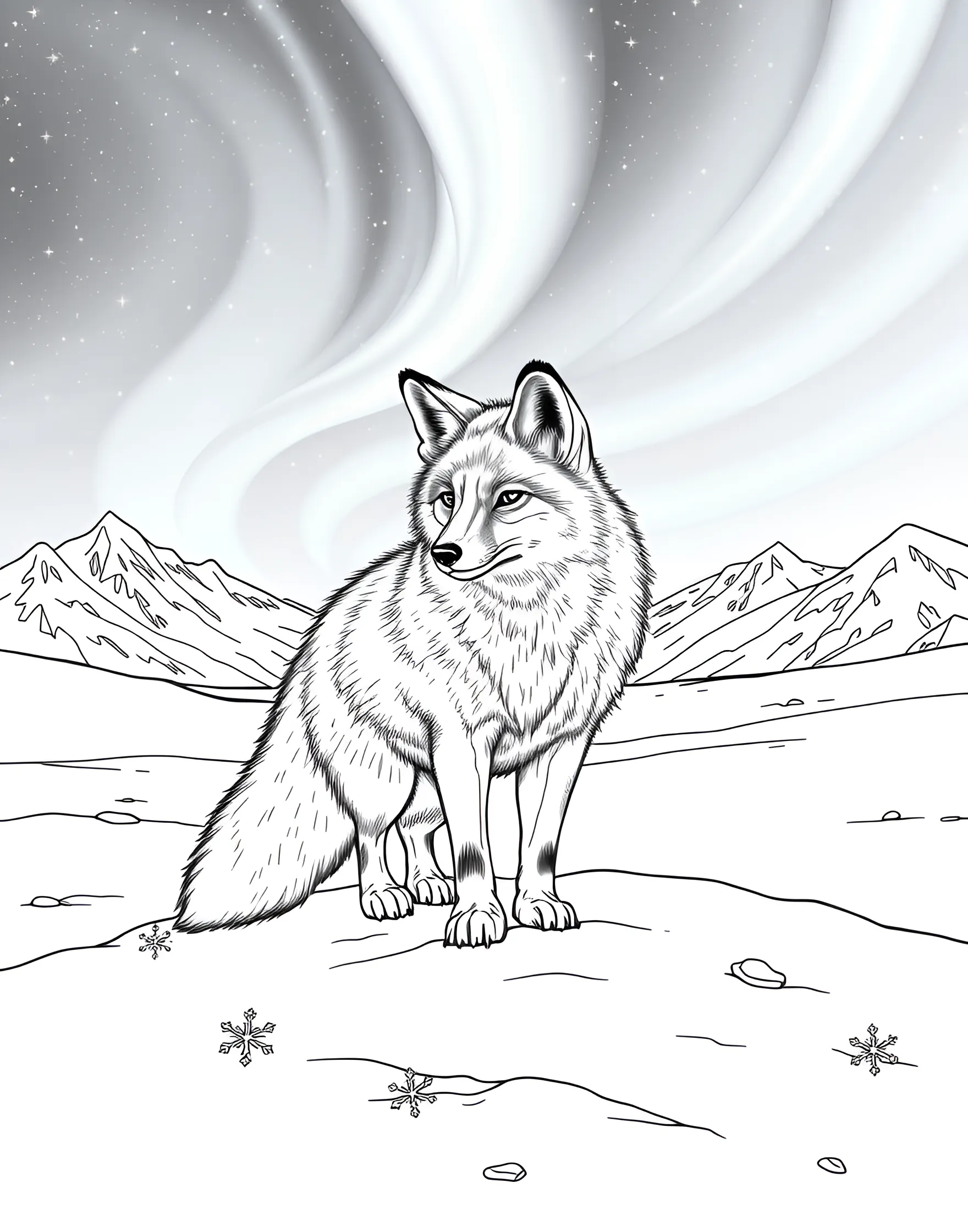 Curious Arctic Fox in the Tundra Coloring Page -- prompt: "An arctic fox in a snowy tundra with the Northern Lights in the sky." -- Explore the beauty of the Arctic with this coloring page featuring a white arctic fox. The fox is shown standing alert on a snowy landscape, with the Northern Lights shimmering in the background. This page offers a unique opportunity to experiment with cool blues and vibrant auroras.