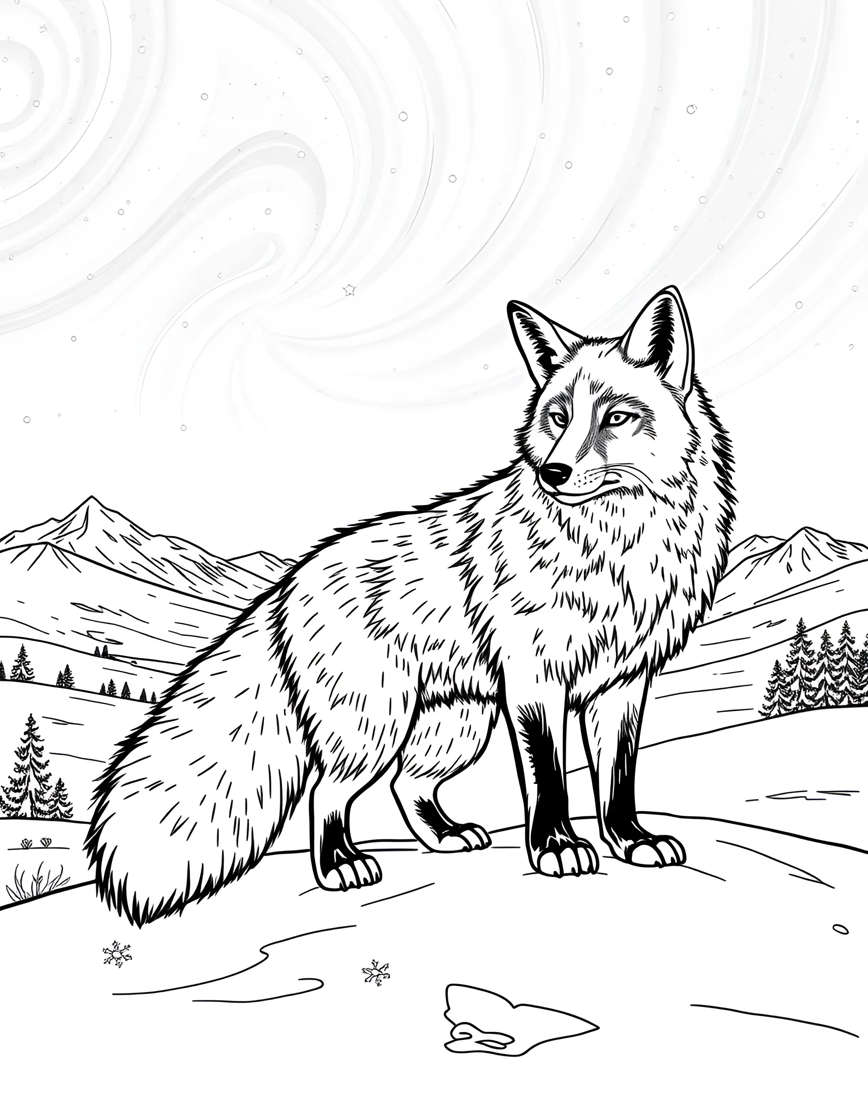 Curious Arctic Fox in the Tundra Coloring Page -- prompt: "An arctic fox in a snowy tundra with the Northern Lights in the sky." -- Explore the beauty of the Arctic with this coloring page featuring a white arctic fox. The fox is shown standing alert on a snowy landscape, with the Northern Lights shimmering in the background. This page offers a unique opportunity to experiment with cool blues and vibrant auroras.