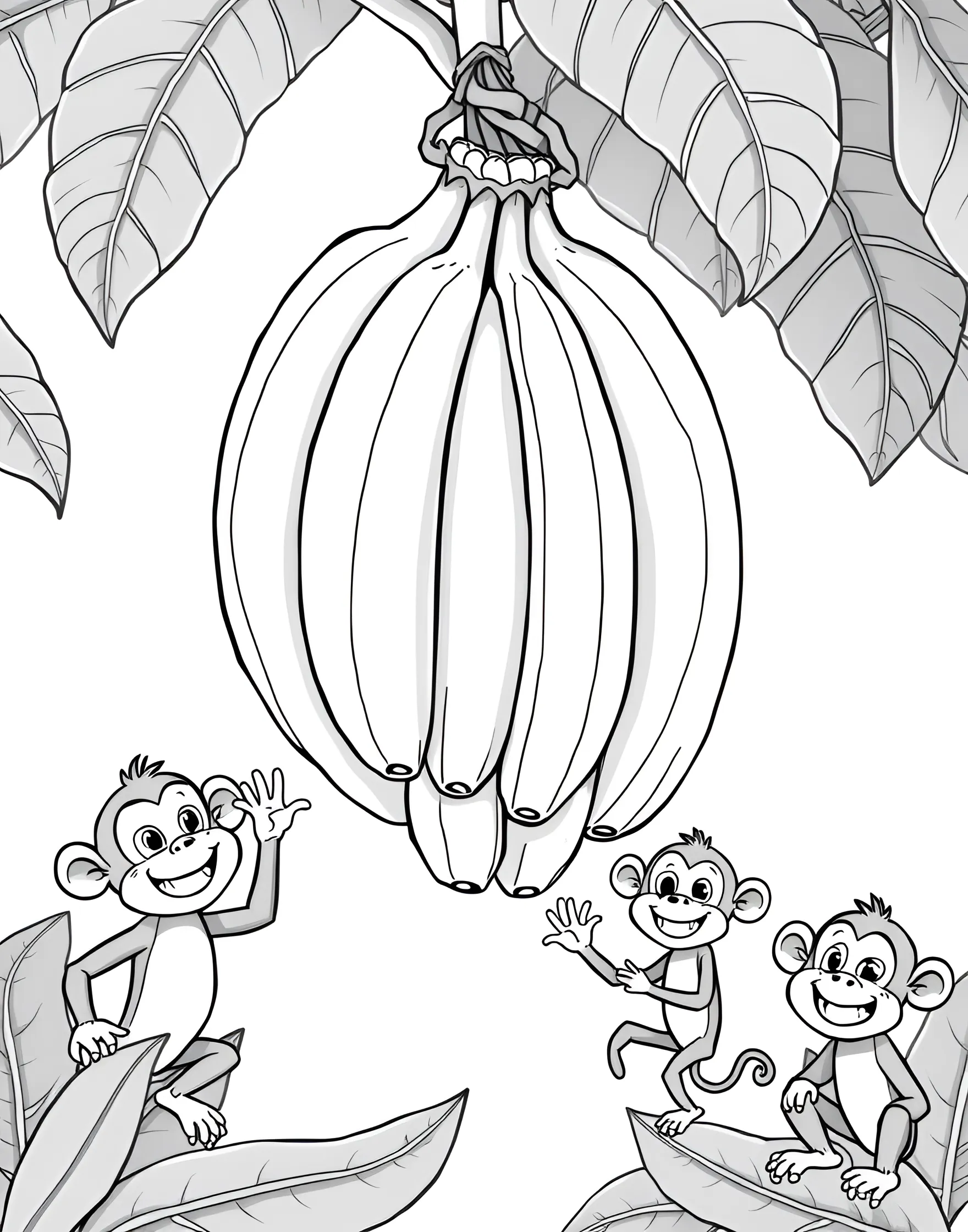 Banana Bunch Bonanza Coloring Page -- prompt: "A large bunch of ripe bananas surrounded by playful cartoon monkeys." -- Get ready for a banana-themed adventure with this fun and fruity coloring page. A generous bunch of bananas takes center stage, showcasing their classic curved shape and smooth peels. Surrounding the bananas are playful monkey friends, eager to enjoy their favorite snack.