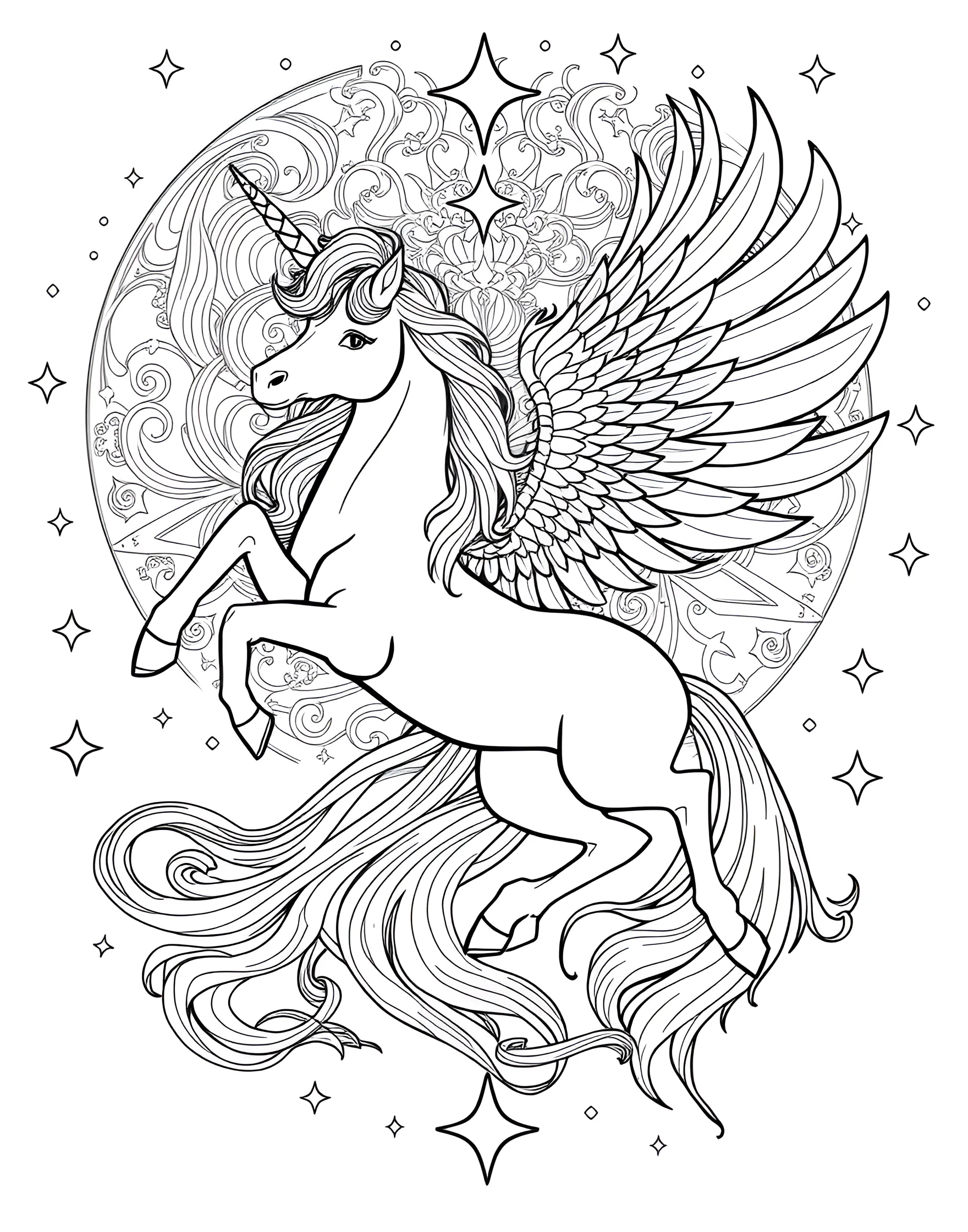 Unicorn and Phoenix Rising Coloring Page -- prompt: "A unicorn and a phoenix rising together against a backdrop of swirling magical energy." -- Witness the union of two legendary creatures in this awe-inspiring coloring page. A majestic unicorn and a fiery phoenix rise together, symbolizing rebirth and magic. This page is perfect for those who appreciate powerful, mythological imagery.