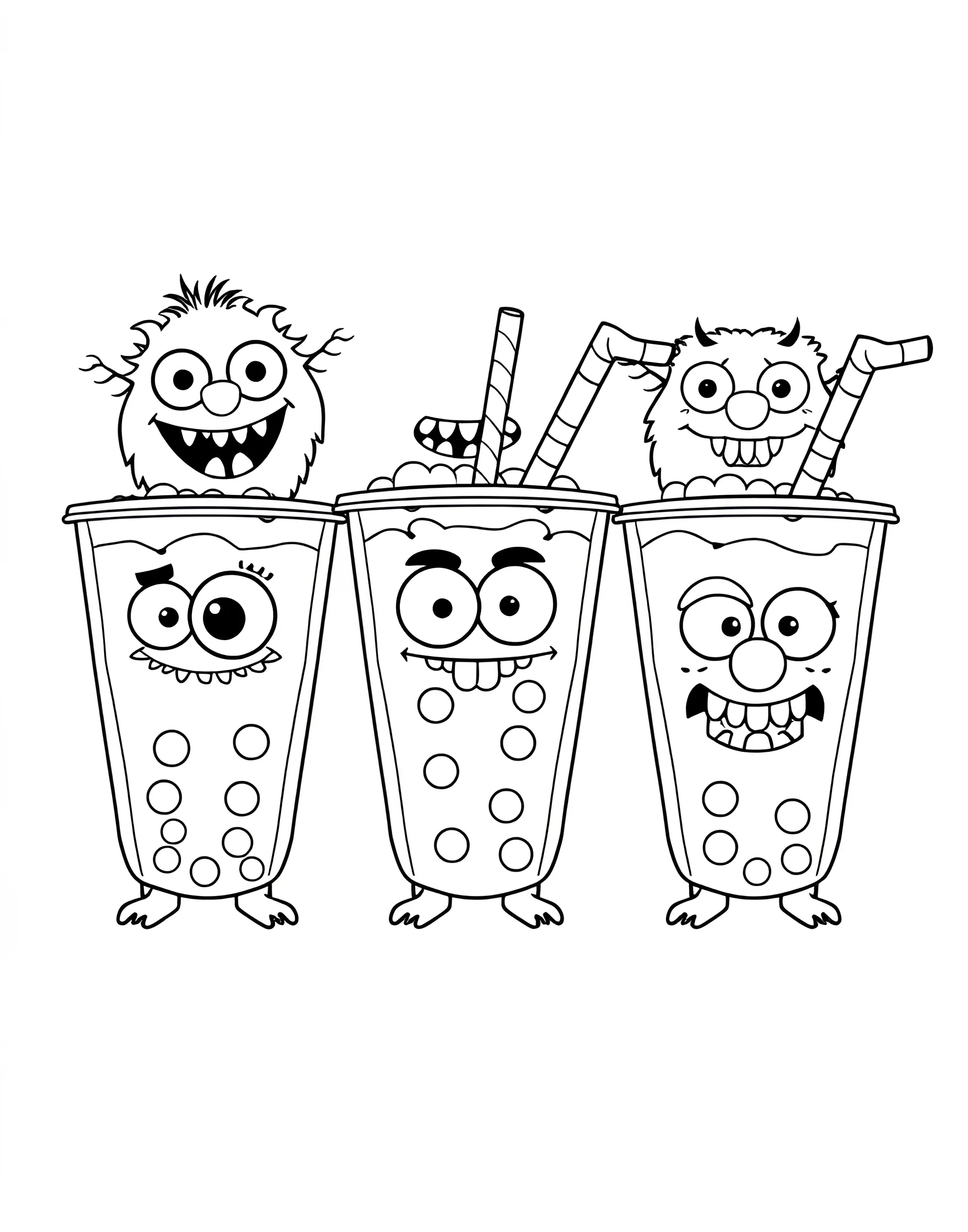 Boba Drink Monsters Coloring Page -- prompt: "A group of cartoon monsters designed to look like different boba drinks with funny faces." -- Get ready for some silly fun with this boba drink monsters coloring page. Each monster is designed to look like a different boba drink, with googly eyes and funny expressions. These quirky characters are sure to spark creativity and laughter as you color them in.