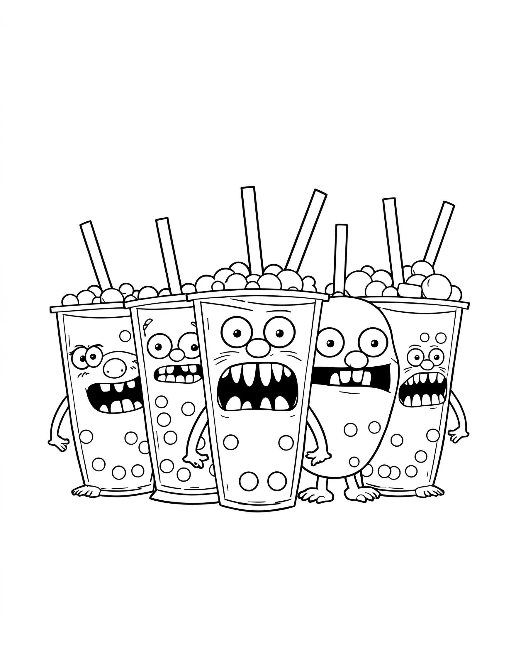 Boba Drink Monsters Coloring Page -- prompt: "A group of cartoon monsters designed to look like different boba drinks with funny faces." -- Get ready for some silly fun with this boba drink monsters coloring page. Each monster is designed to look like a different boba drink, with googly eyes and funny expressions. These quirky characters are sure to spark creativity and laughter as you color them in.