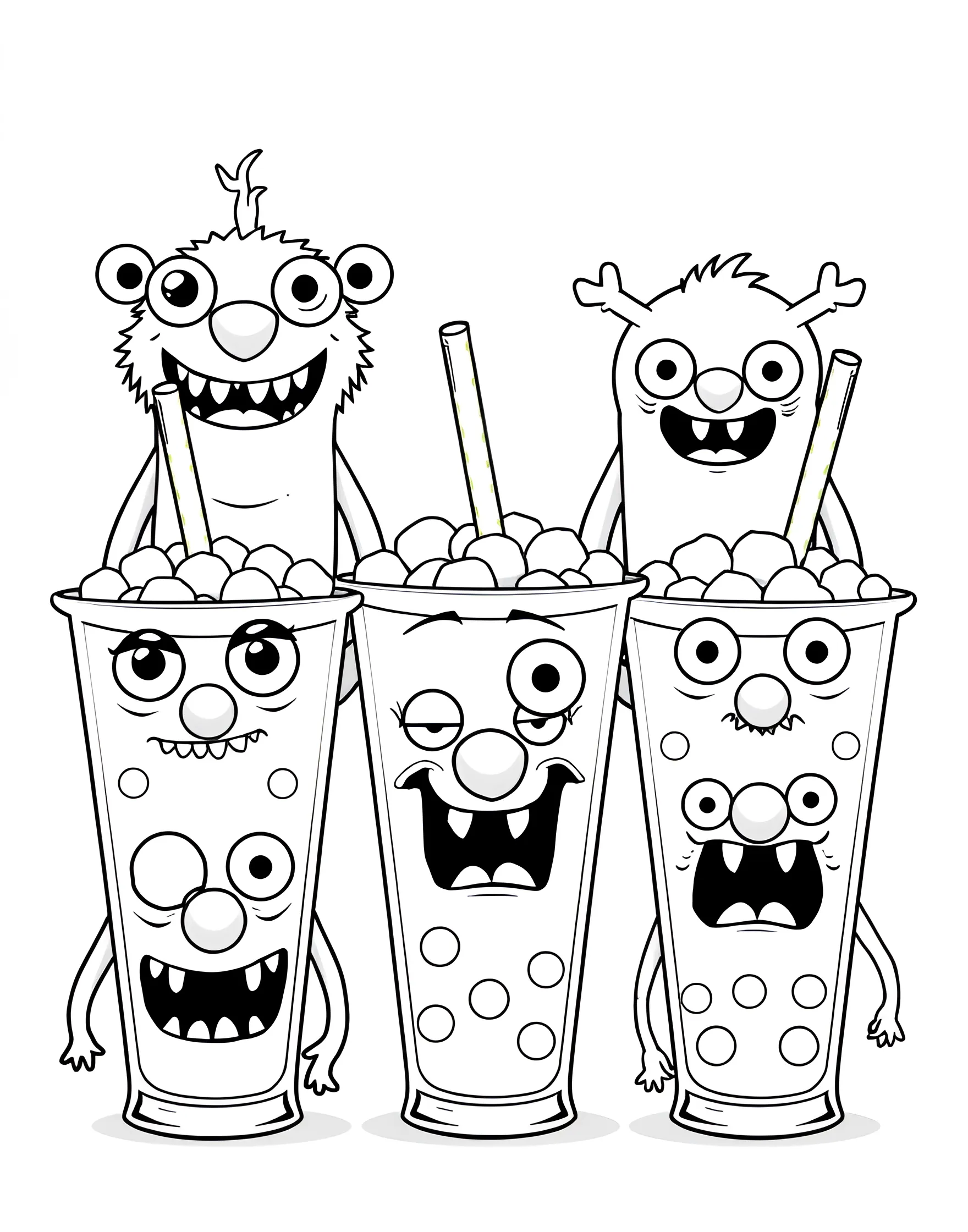 Boba Drink Monsters Coloring Page -- prompt: "A group of cartoon monsters designed to look like different boba drinks with funny faces." -- Get ready for some silly fun with this boba drink monsters coloring page. Each monster is designed to look like a different boba drink, with googly eyes and funny expressions. These quirky characters are sure to spark creativity and laughter as you color them in.