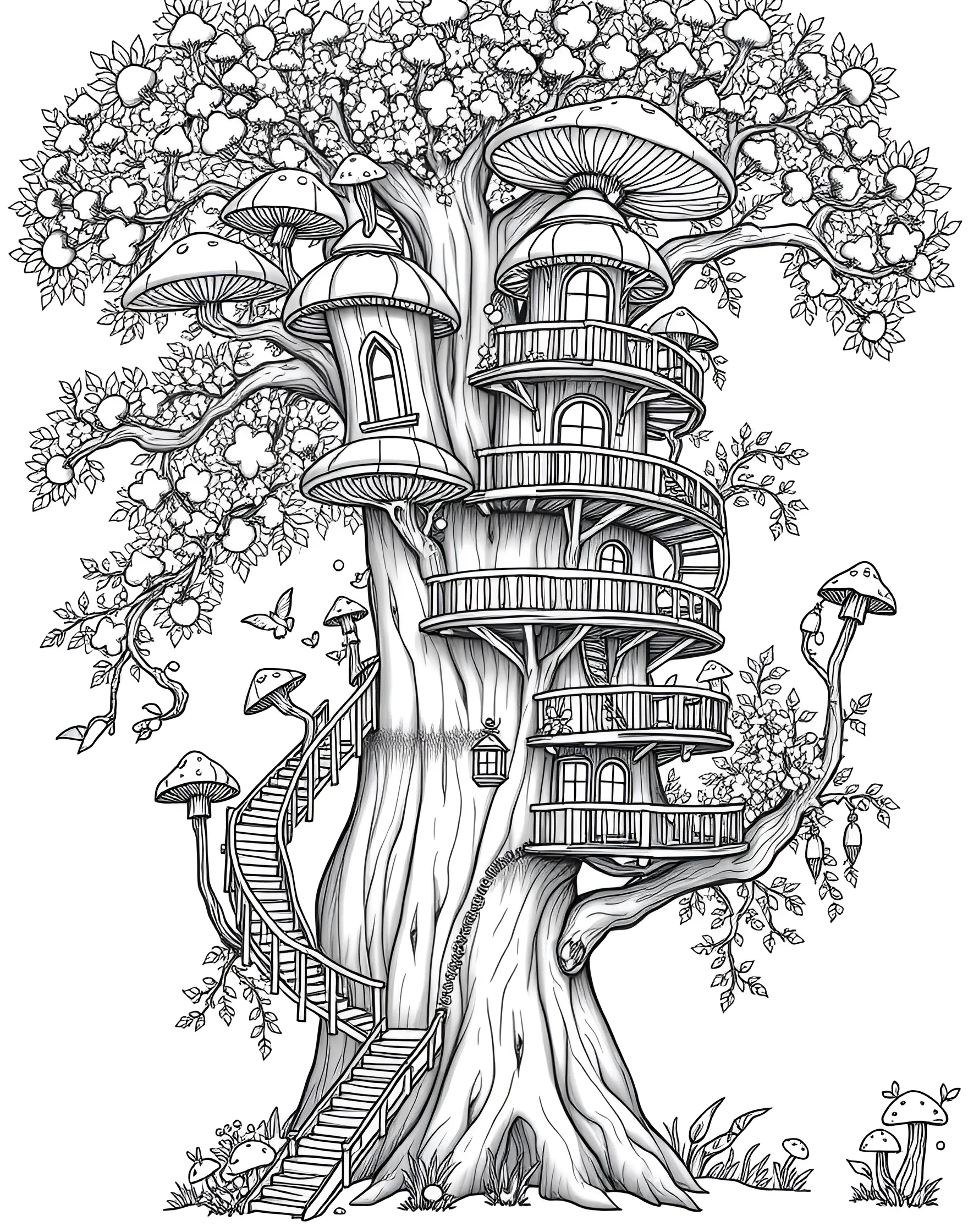 Mushroom-Capped Treehouse Coloring Page -- prompt: "A treehouse with multiple levels, each topped with large mushroom-shaped caps, built around a massive tree." -- Imagine living among the treetops in this fantastic mushroom-capped treehouse. A large tree supports multiple platforms with mushroom-shaped roofs, connected by ladders and bridges. This page encourages imaginative play and allows colorists to create their own treetop fungal paradise.