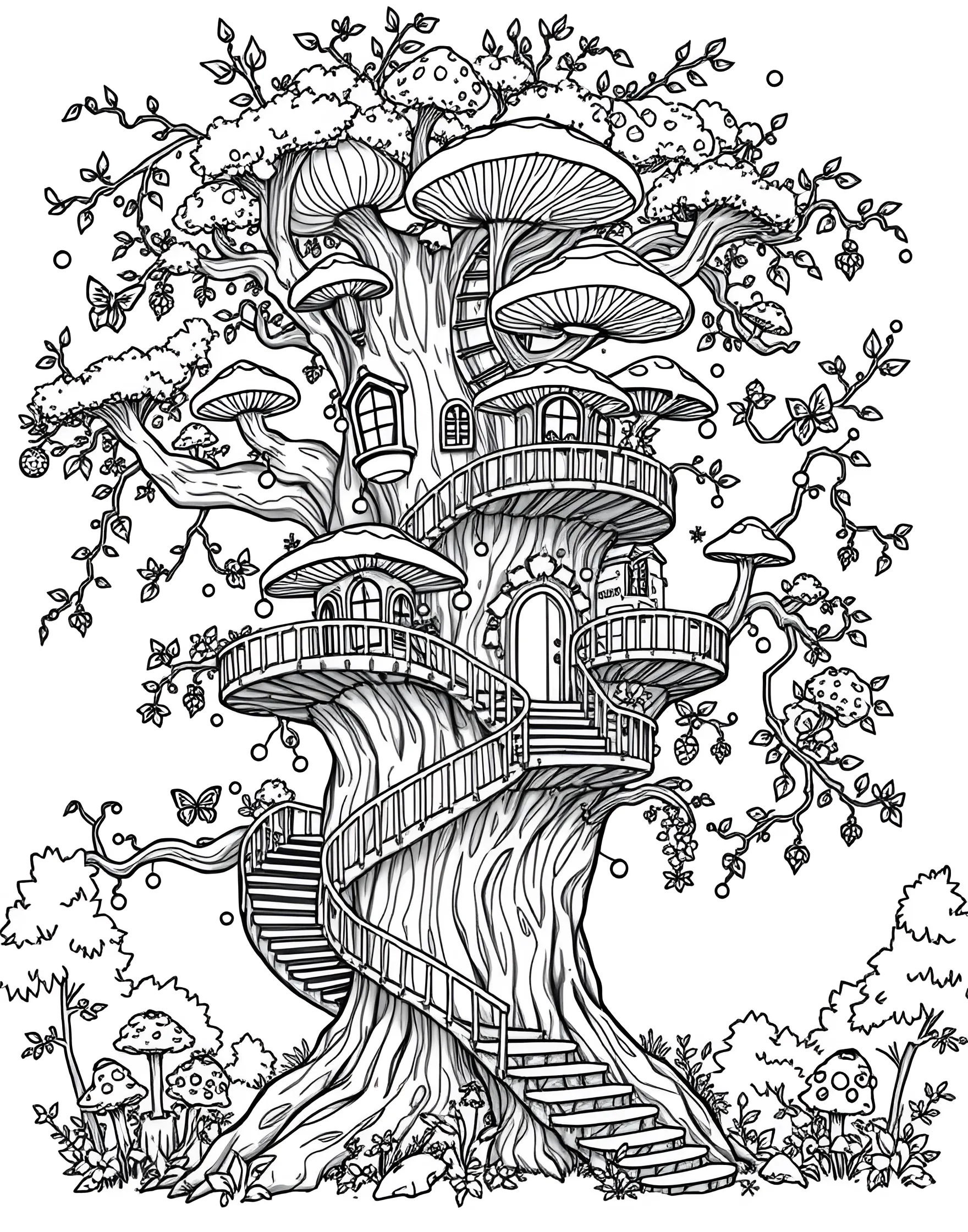 Mushroom-Capped Treehouse Coloring Page -- prompt: "A treehouse with multiple levels, each topped with large mushroom-shaped caps, built around a massive tree." -- Imagine living among the treetops in this fantastic mushroom-capped treehouse. A large tree supports multiple platforms with mushroom-shaped roofs, connected by ladders and bridges. This page encourages imaginative play and allows colorists to create their own treetop fungal paradise.