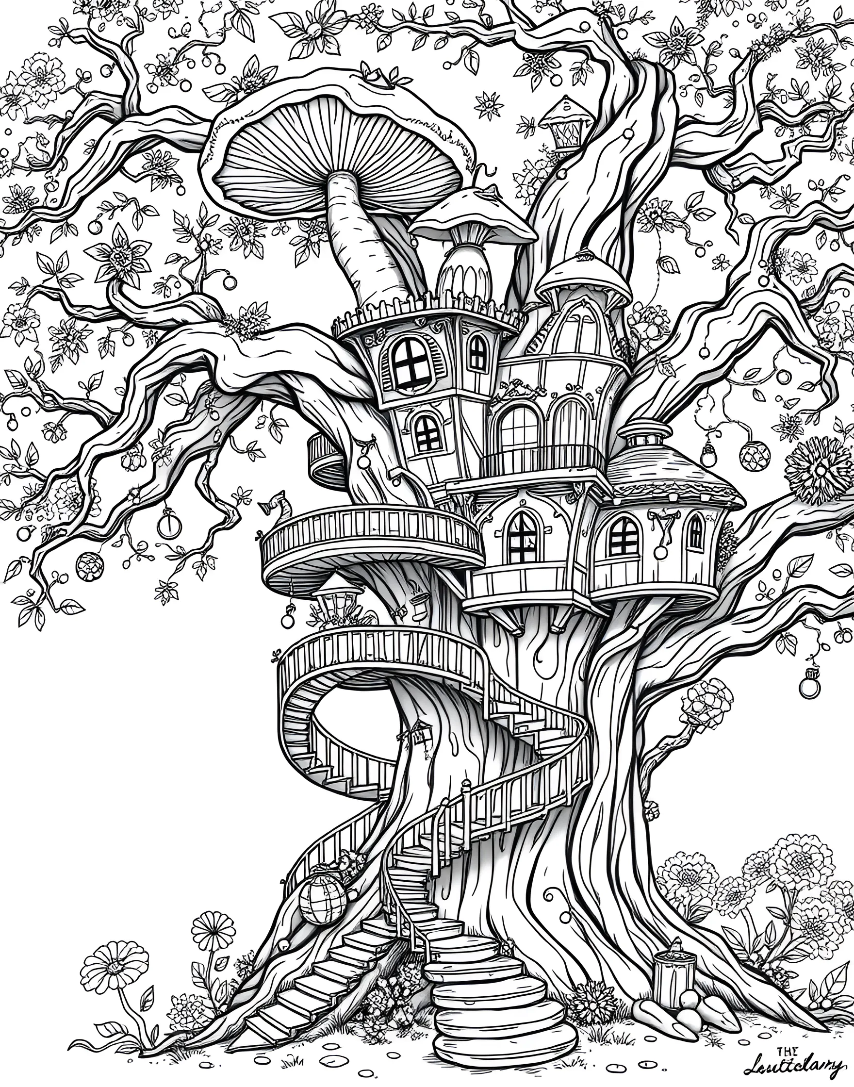 Mushroom-Capped Treehouse Coloring Page -- prompt: "A treehouse with multiple levels, each topped with large mushroom-shaped caps, built around a massive tree." -- Imagine living among the treetops in this fantastic mushroom-capped treehouse. A large tree supports multiple platforms with mushroom-shaped roofs, connected by ladders and bridges. This page encourages imaginative play and allows colorists to create their own treetop fungal paradise.