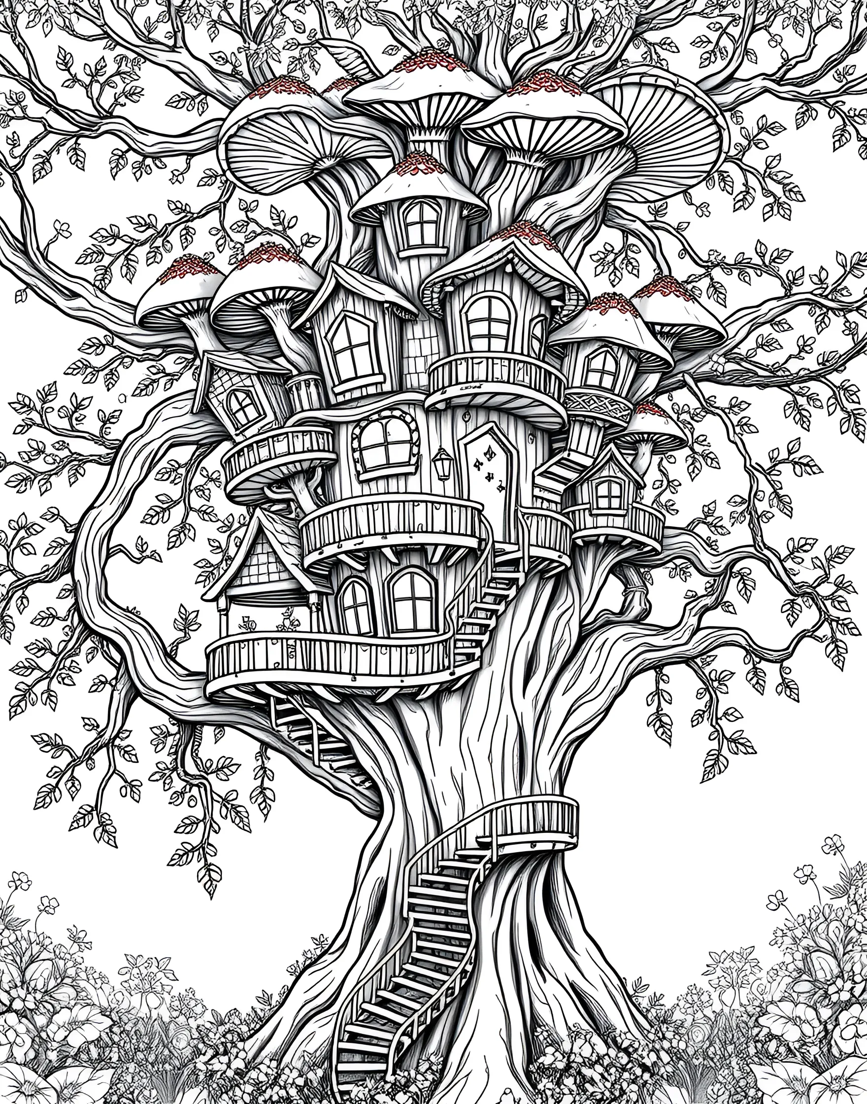 Mushroom-Capped Treehouse Coloring Page -- prompt: "A treehouse with multiple levels, each topped with large mushroom-shaped caps, built around a massive tree." -- Imagine living among the treetops in this fantastic mushroom-capped treehouse. A large tree supports multiple platforms with mushroom-shaped roofs, connected by ladders and bridges. This page encourages imaginative play and allows colorists to create their own treetop fungal paradise.