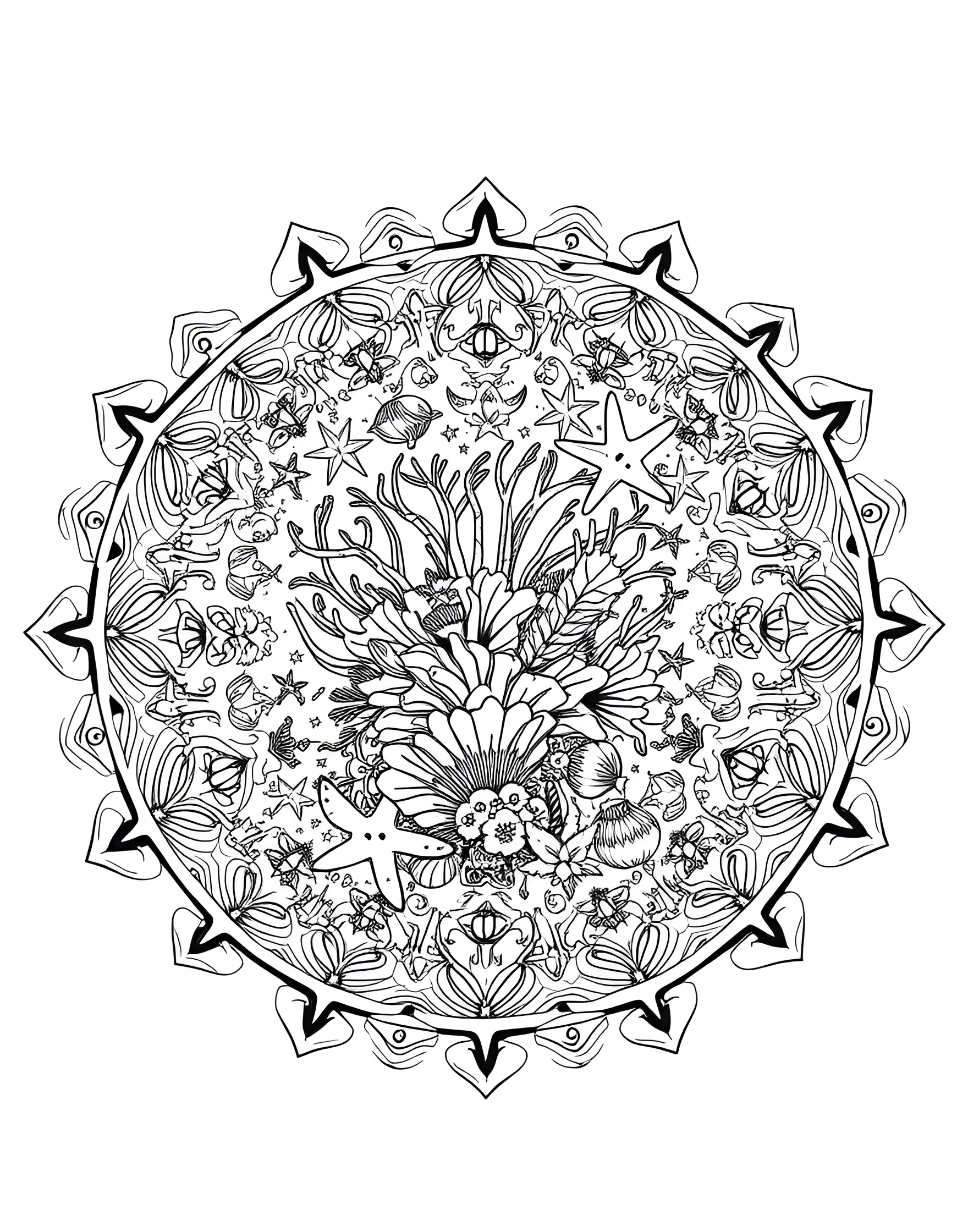 Underwater Serenity Mandala Coloring Page -- prompt: "A mandala depicting an underwater scene, with fish, coral, and wave patterns arranged in a circular, aquatic design." -- Dive into tranquility with this aquatic-themed mandala. Fish, coral, and gentle waves form a soothing circular pattern. Let the calming nature of water inspire your color choices as you bring this underwater world to life.