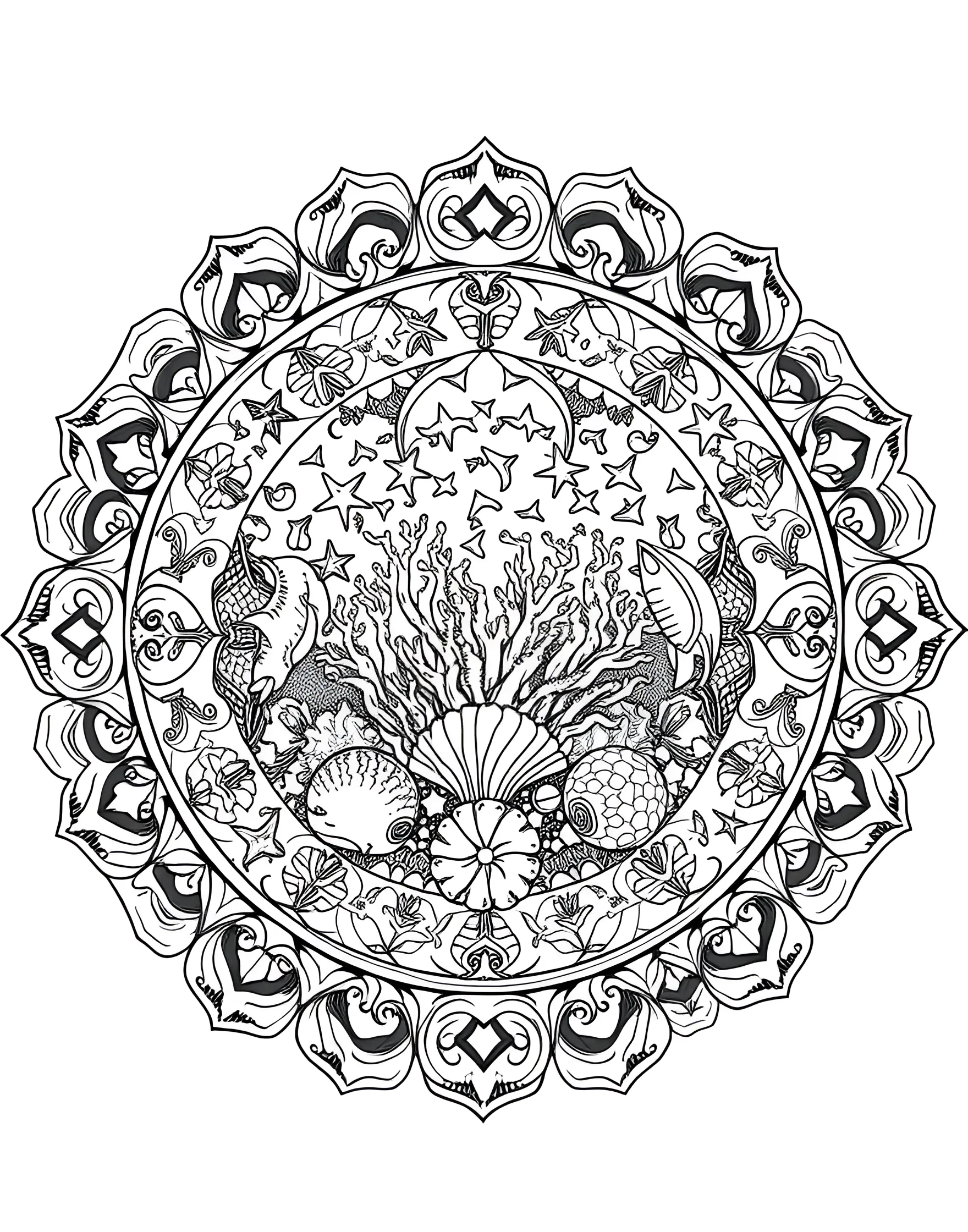 Underwater Serenity Mandala Coloring Page -- prompt: "A mandala depicting an underwater scene, with fish, coral, and wave patterns arranged in a circular, aquatic design." -- Dive into tranquility with this aquatic-themed mandala. Fish, coral, and gentle waves form a soothing circular pattern. Let the calming nature of water inspire your color choices as you bring this underwater world to life.