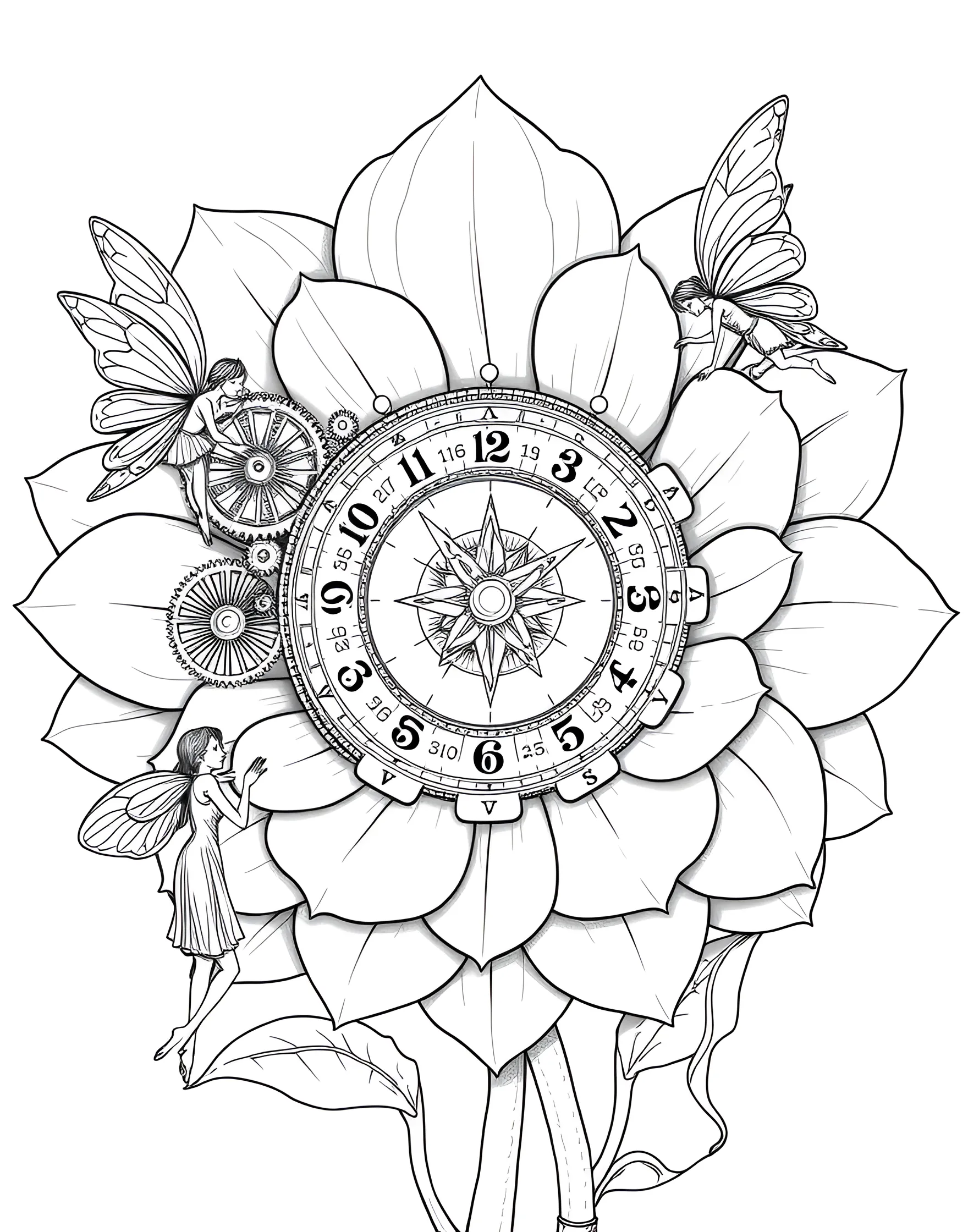 Fairy Time Keepers Maintaining the Flower Clock Coloring Page -- prompt: "Fairy time keepers maintaining a giant clock made from a sundial flower, with petals marking hours and dewdrop gear mechanisms." -- Explore the concept of time with this fascinating coloring page centered around a giant natural clock. Fairy time keepers busily maintain a massive timepiece made from a sundial flower, with petals that open and close to mark the hours. Other fairies wind spring mechanisms with dewdrop gears, offering a unique blend of nature and fantasy horology to color.