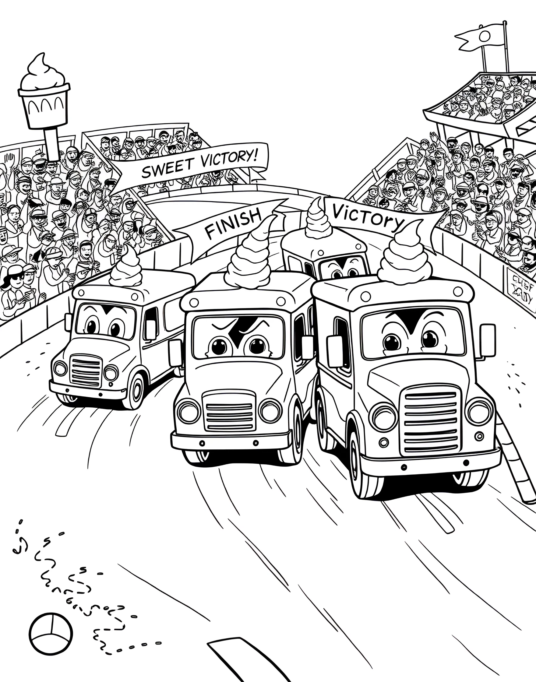 Ice Cream Truck Race Coloring Page -- prompt: "Multiple colorful ice cream trucks racing on a track, with cheering spectators in the background." -- The excitement is high in this ice cream truck race scene! Various styled ice cream trucks speed down a track, each uniquely decorated. This action-packed page offers plenty of details to color and the opportunity to create a vibrant, energetic scene.