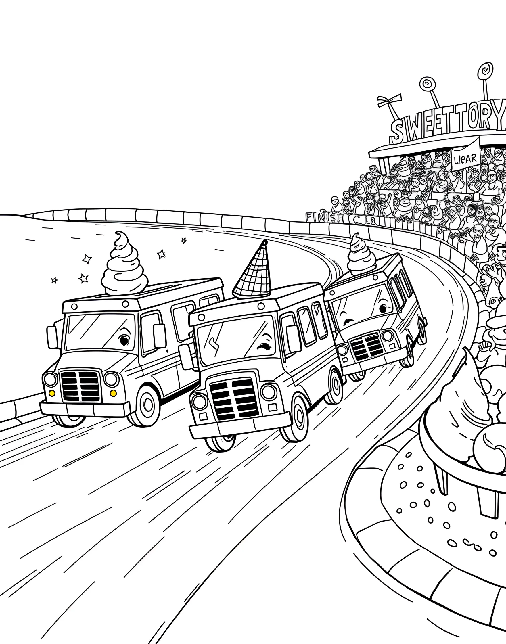 Ice Cream Truck Race Coloring Page -- prompt: "Multiple colorful ice cream trucks racing on a track, with cheering spectators in the background." -- The excitement is high in this ice cream truck race scene! Various styled ice cream trucks speed down a track, each uniquely decorated. This action-packed page offers plenty of details to color and the opportunity to create a vibrant, energetic scene.