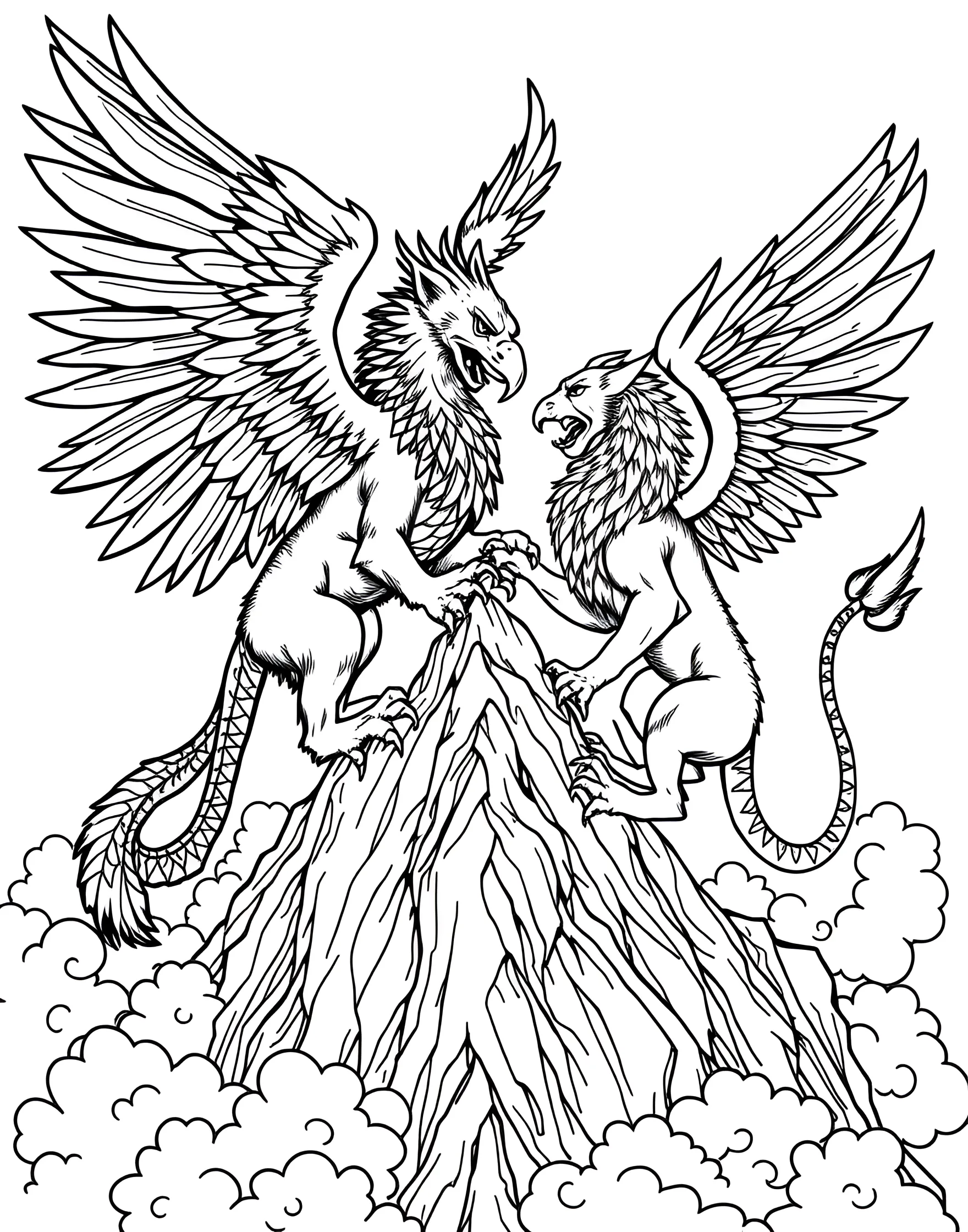 Mythical Creature Battle Coloring Page -- prompt: "A griffin and a chimera locked in battle on a rocky mountain peak." -- Enter a world of fantasy with this mythical creature battle coloring page. A brave griffin faces off against a menacing chimera in an epic confrontation. This page allows boys to explore legendary beasts and create their own mythical narratives through coloring.