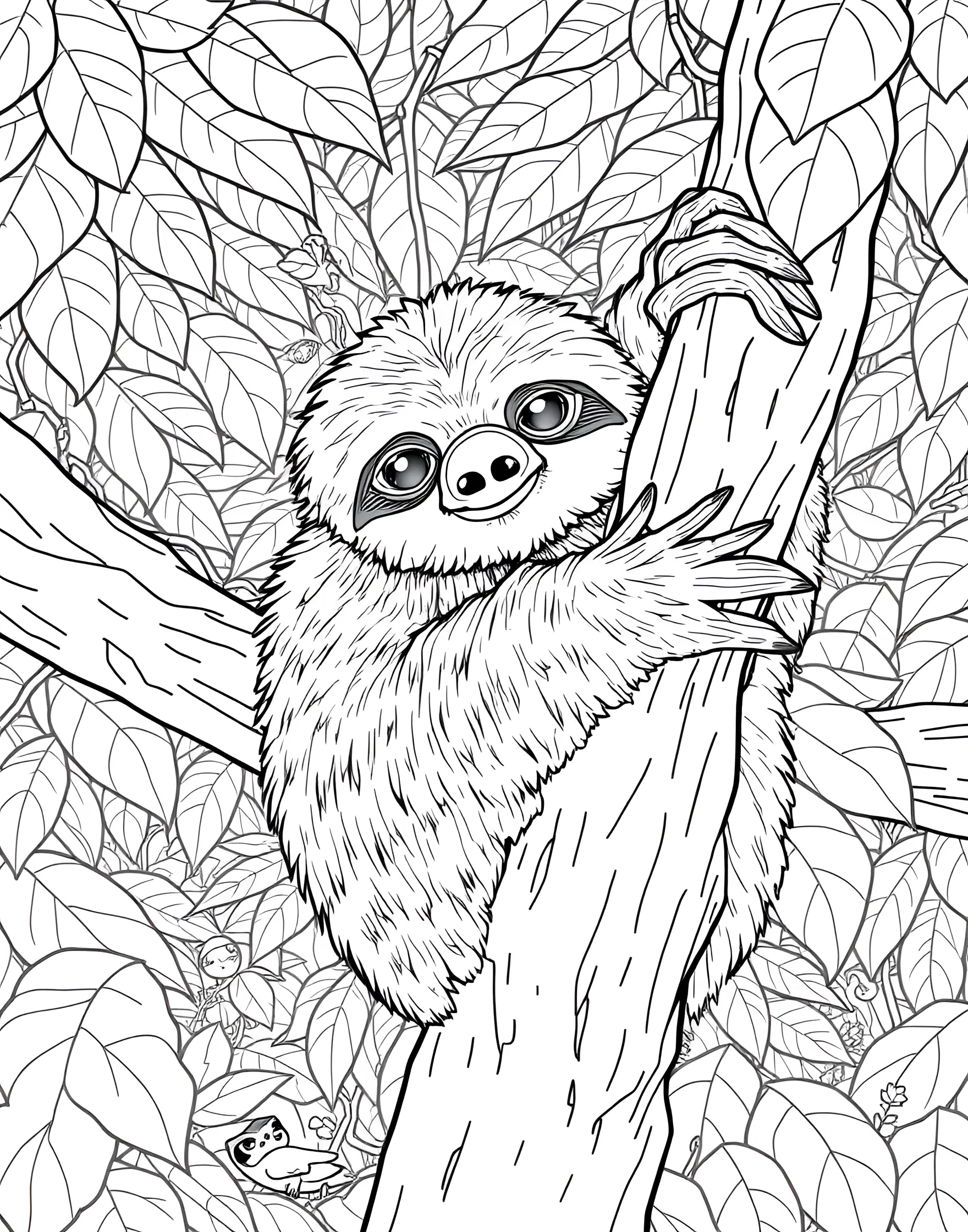 Lazy Sloth Hanging Around Coloring Page -- prompt: "A sloth hanging upside down from a tree branch in a lush rainforest setting." -- Take it slow with this adorable coloring page featuring a sloth. The scene shows the laid-back creature hanging from a tree branch, surrounded by lush rainforest foliage. This page offers a chance to explore different shades of green and learn about rainforest habitats.