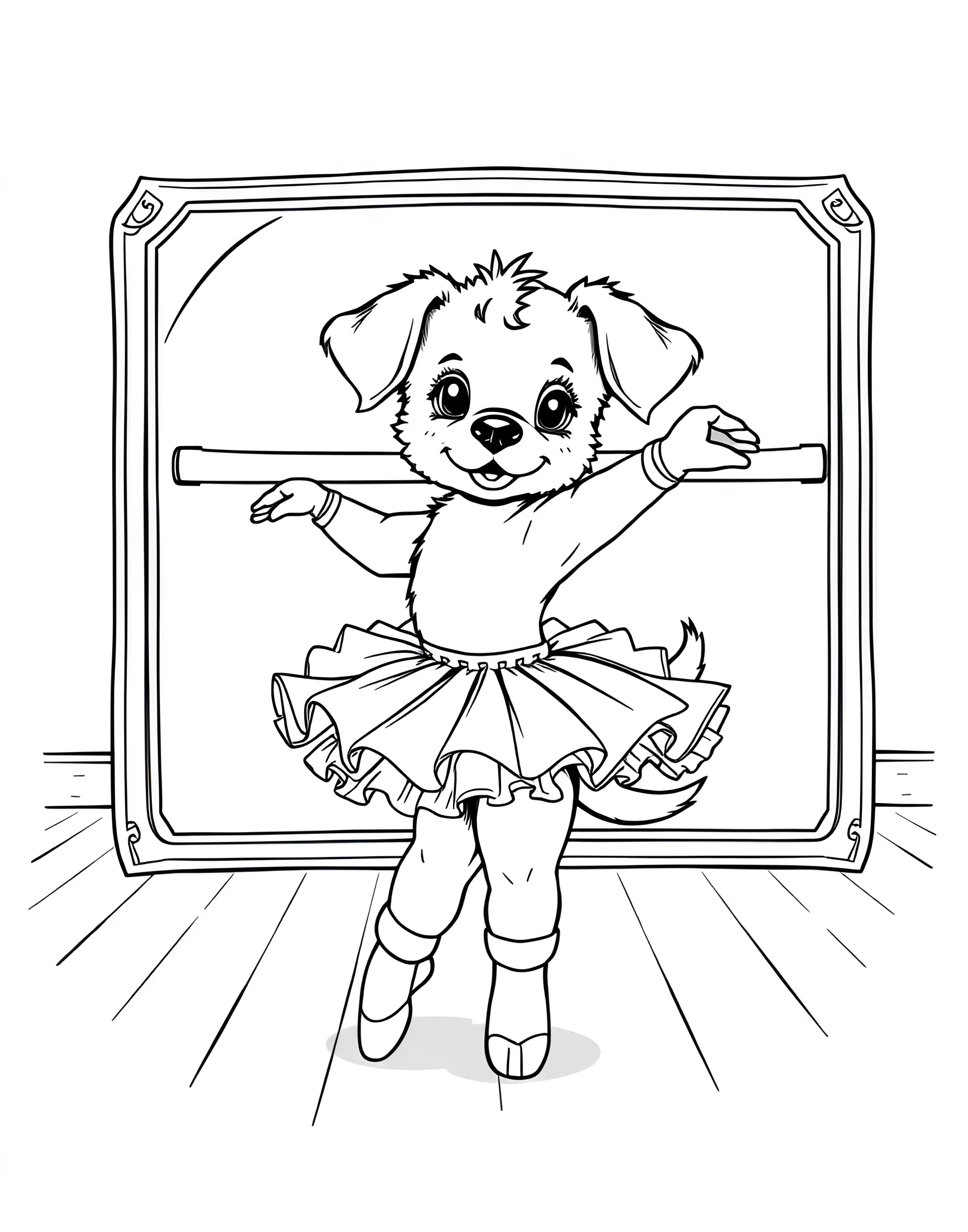 Puppy's Ballet Class Coloring Page -- prompt: "A puppy wearing a tutu and attempting a ballet pose in a dance studio with a mirror and barre." -- This graceful coloring page depicts a puppy participating in a ballet class. The pup is wearing a tutu and attempting a ballet pose. It's a charming and slightly humorous scene that combines the elegance of ballet with the cuteness of a clumsy puppy.