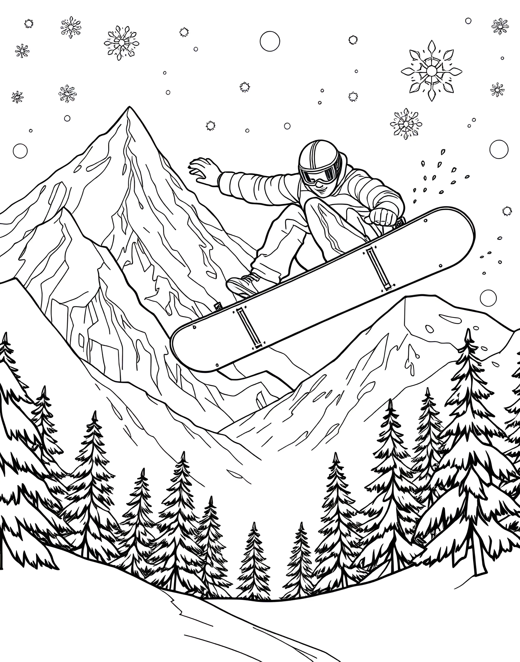 Extreme Snowboarding Coloring Page -- prompt: "A snowboarder mid-air during a jump off a snowy mountain peak with a beautiful winter landscape." -- Carve through the powder with this extreme snowboarding coloring page. A daring snowboarder performs a spectacular jump off a snowy mountain peak, surrounded by a winter wonderland. This page captures the thrill and beauty of winter sports, perfect for boys who love outdoor adventures.