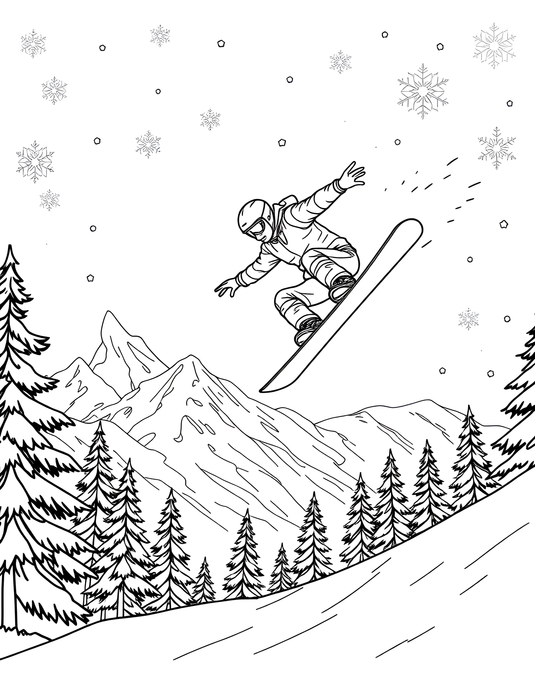 Extreme Snowboarding Coloring Page -- prompt: "A snowboarder mid-air during a jump off a snowy mountain peak with a beautiful winter landscape." -- Carve through the powder with this extreme snowboarding coloring page. A daring snowboarder performs a spectacular jump off a snowy mountain peak, surrounded by a winter wonderland. This page captures the thrill and beauty of winter sports, perfect for boys who love outdoor adventures.