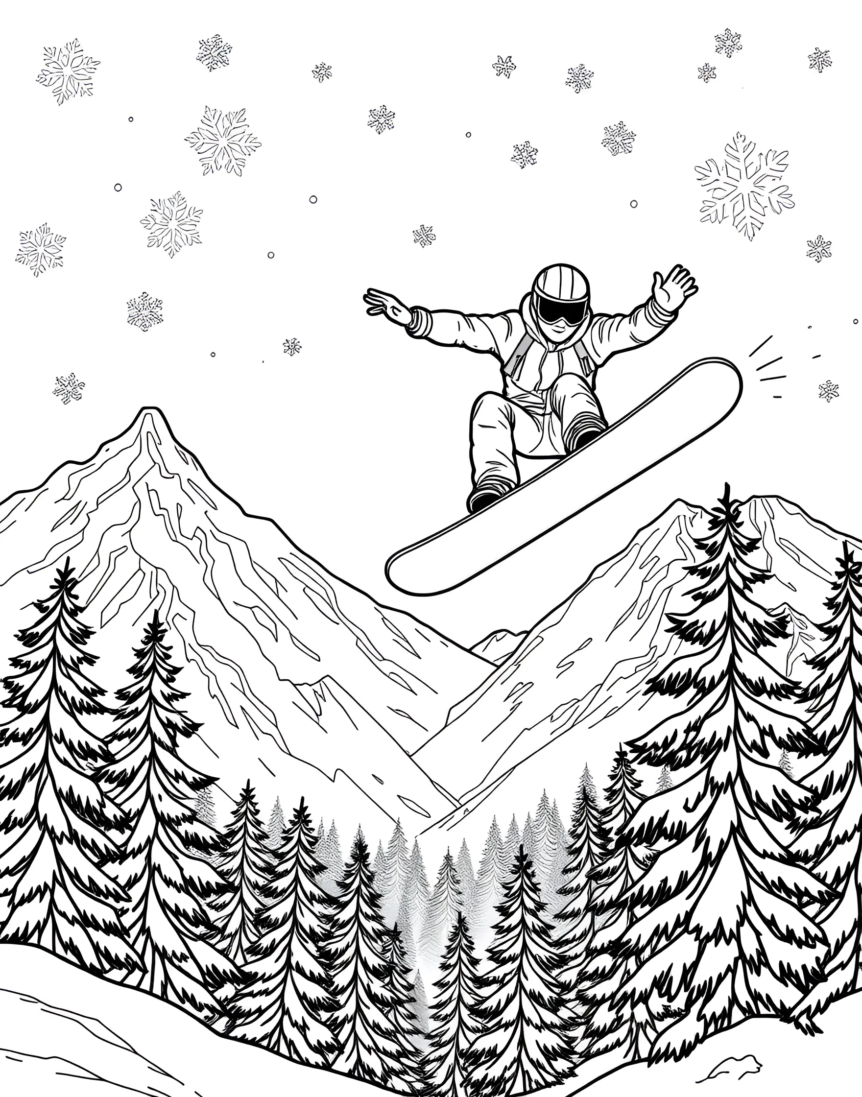 Extreme Snowboarding Coloring Page -- prompt: "A snowboarder mid-air during a jump off a snowy mountain peak with a beautiful winter landscape." -- Carve through the powder with this extreme snowboarding coloring page. A daring snowboarder performs a spectacular jump off a snowy mountain peak, surrounded by a winter wonderland. This page captures the thrill and beauty of winter sports, perfect for boys who love outdoor adventures.