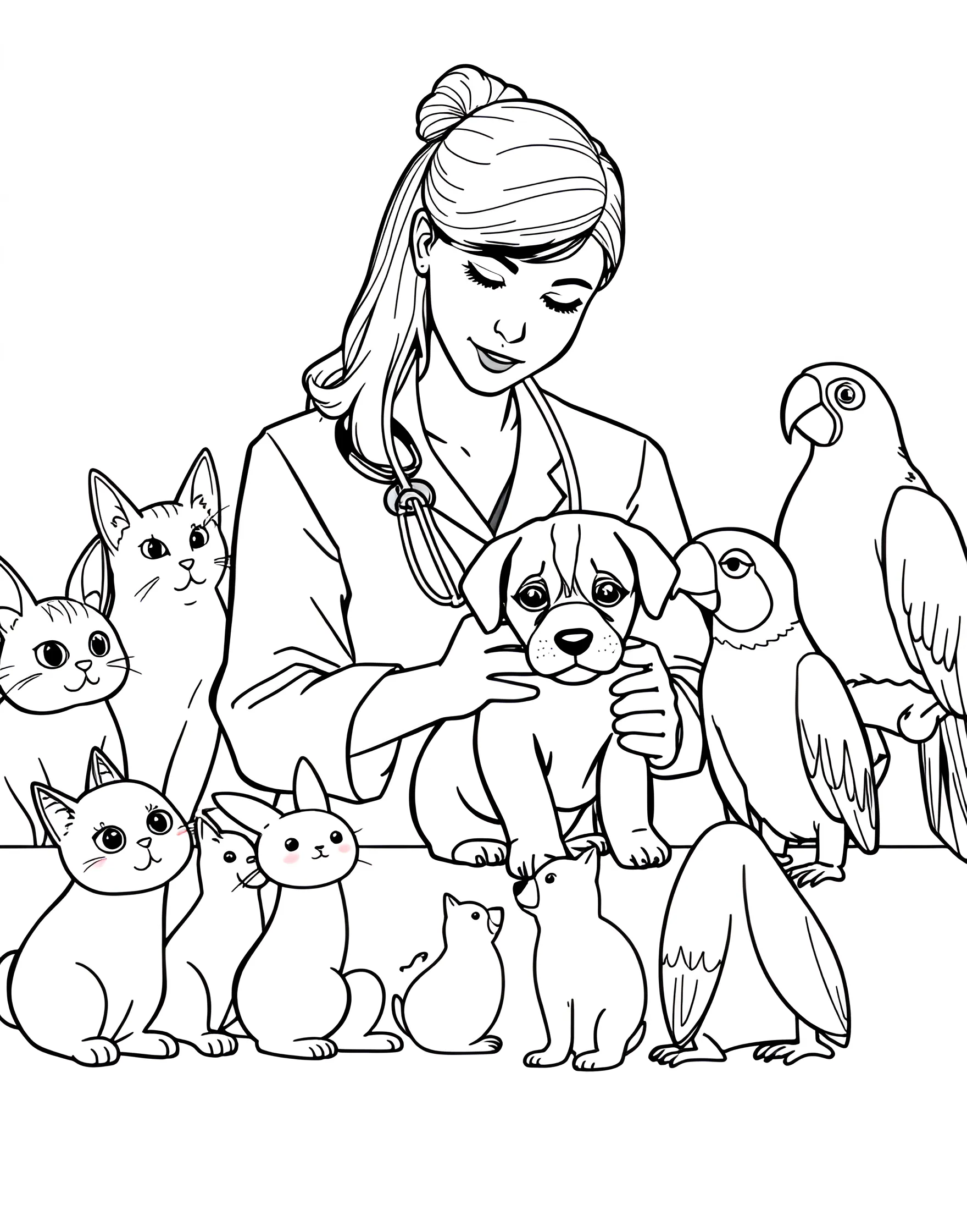 Girl Veterinarian Caring for Animals Coloring Page -- prompt: "A girl veterinarian examining a puppy, surrounded by various pets waiting for checkups." -- This heartwarming coloring page depicts a girl veterinarian tenderly examining a puppy. With other animals waiting their turn, it showcases the compassion and care of animal doctors. It's perfect for animal lovers and those interested in veterinary science.