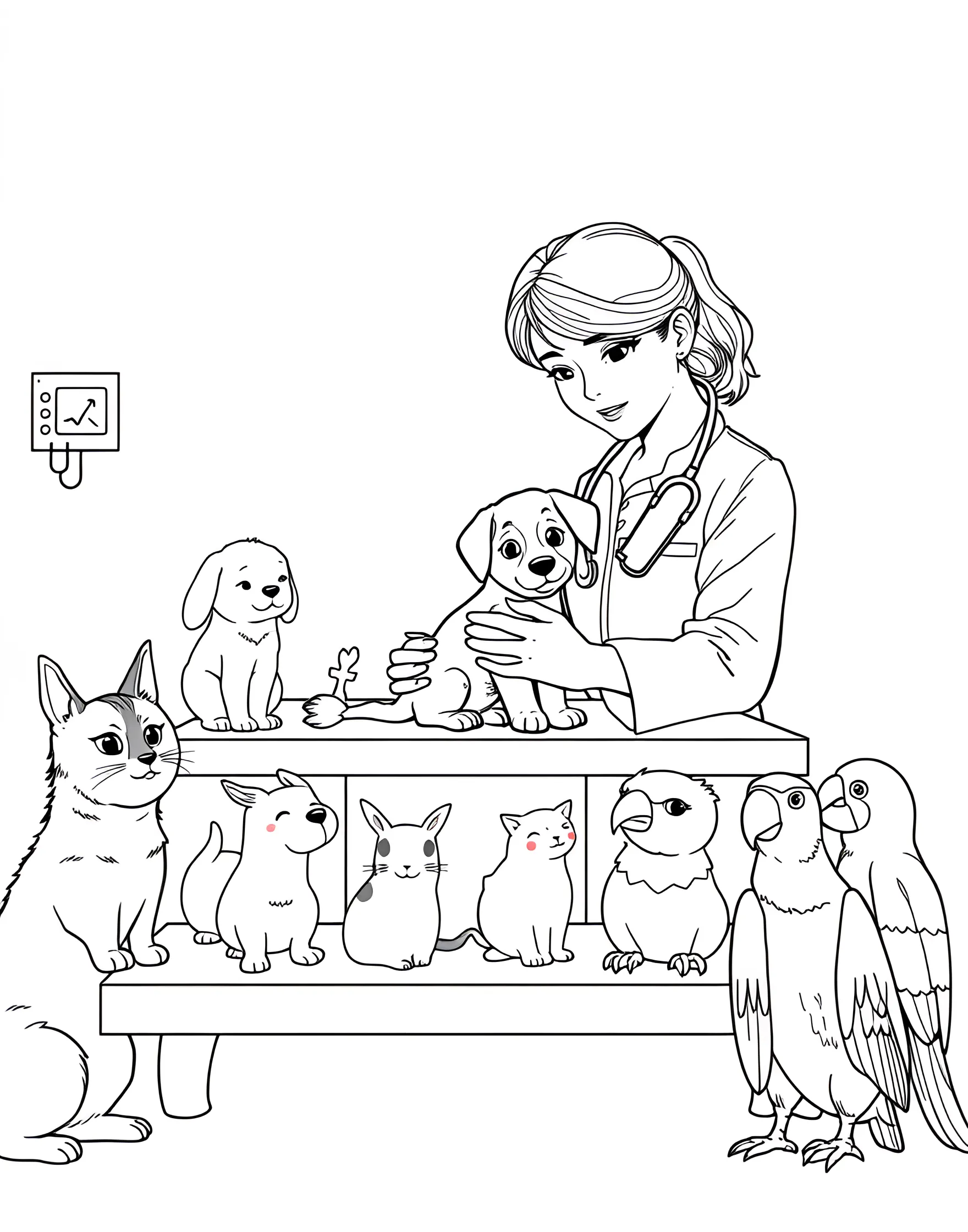 Girl Veterinarian Caring for Animals Coloring Page -- prompt: "A girl veterinarian examining a puppy, surrounded by various pets waiting for checkups." -- This heartwarming coloring page depicts a girl veterinarian tenderly examining a puppy. With other animals waiting their turn, it showcases the compassion and care of animal doctors. It's perfect for animal lovers and those interested in veterinary science.