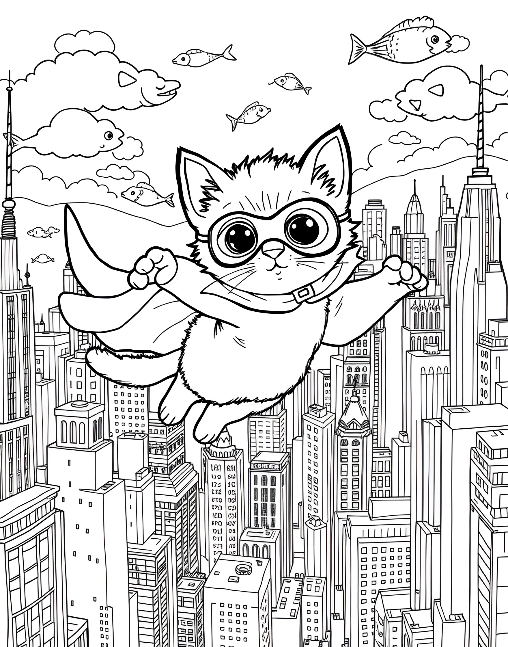 Kitten's Superhero Rescue Coloring Page -- prompt: "A kitten wearing a superhero cape and mask, flying through a city skyline." -- Save the day with this heroic kitten superhero coloring page. A brave kitten is shown wearing a cape and mask, flying through a city skyline. This page is perfect for those who dream of being a hero and helping others.