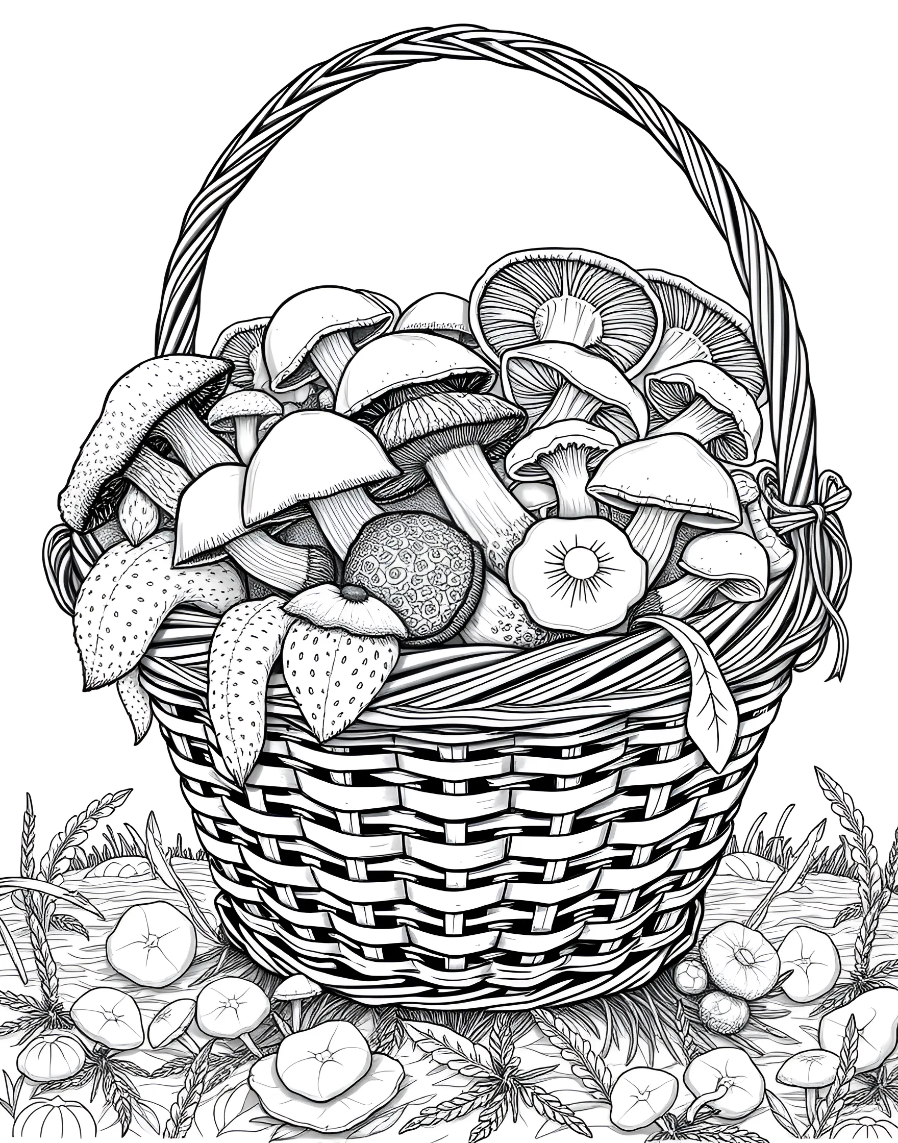 Mushroom Forager's Basket Coloring Page -- prompt: "A wicker basket filled with various types of wild mushrooms, some spilling over the edges." -- Explore the joy of mushroom hunting with this delightful forager's basket coloring page. A wicker basket overflows with a variety of wild mushrooms, each with unique shapes and patterns. This page is not only fun to color but also educational, introducing different mushroom species in an engaging way.